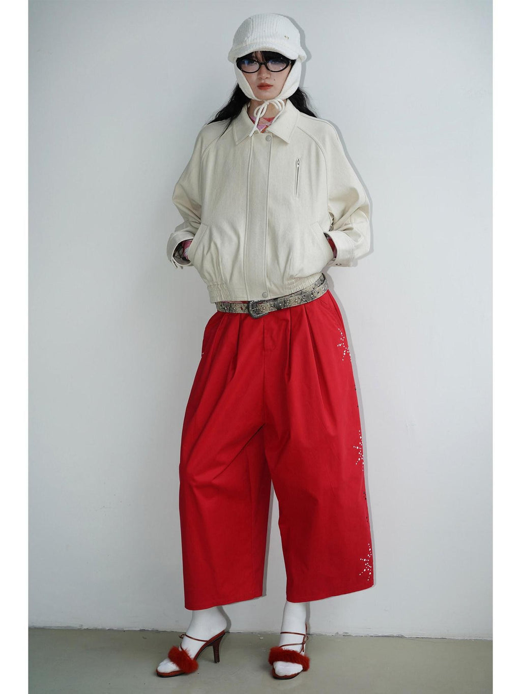 badtaste Red And Beige Rhinestone Solid Low Waist Women's Other Fabric Wide-leg Pants