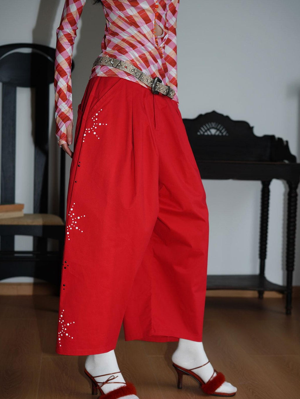 badtaste Red And Beige Rhinestone Solid Low Waist Women's Other Fabric Wide-leg Pants