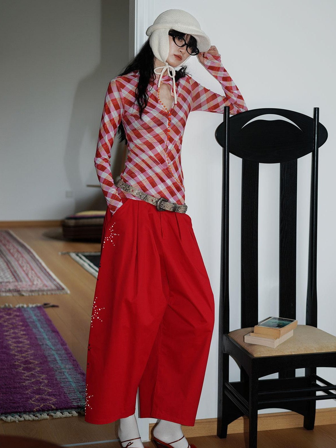 badtaste Red And Beige Rhinestone Solid Low Waist Women's Other Fabric Wide-leg Pants