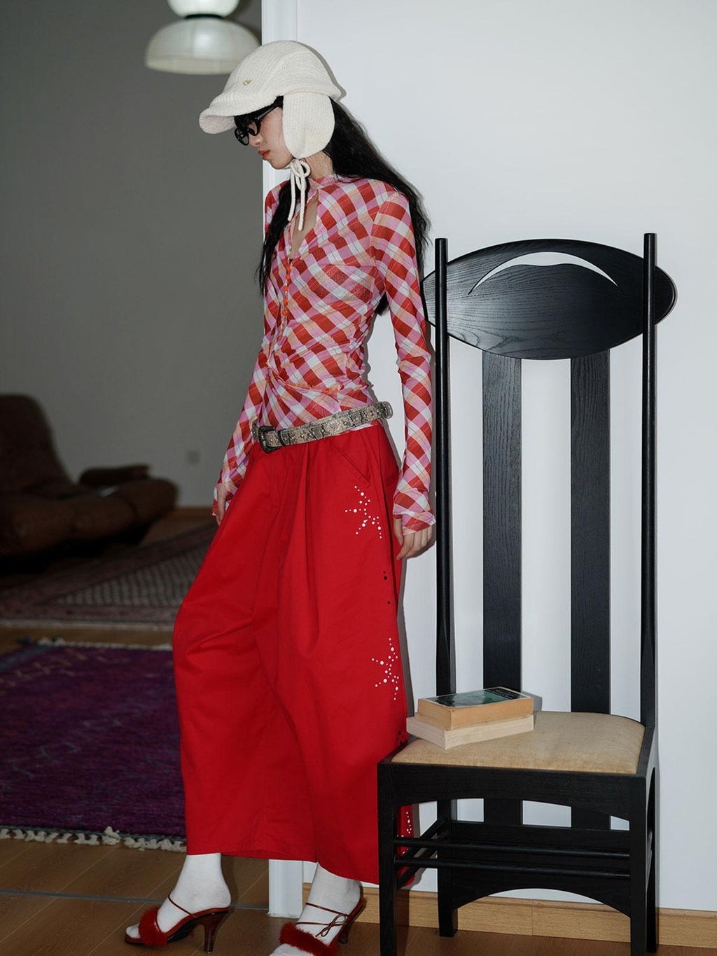 badtaste Red And Beige Rhinestone Solid Low Waist Women's Other Fabric Wide-leg Pants