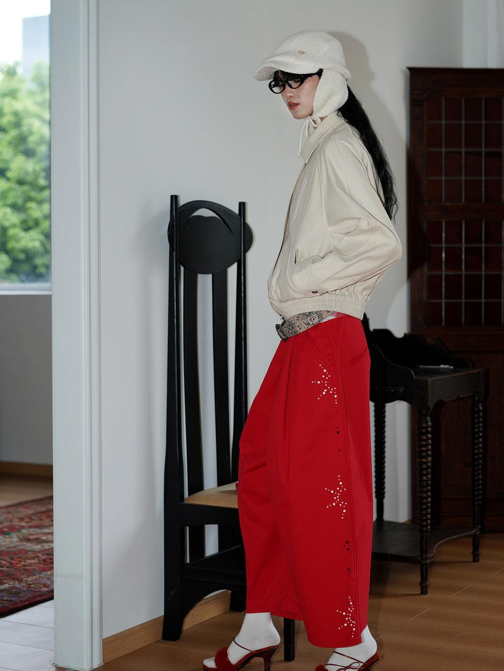 badtaste Red And Beige Rhinestone Solid Low Waist Women's Other Fabric Wide-leg Pants