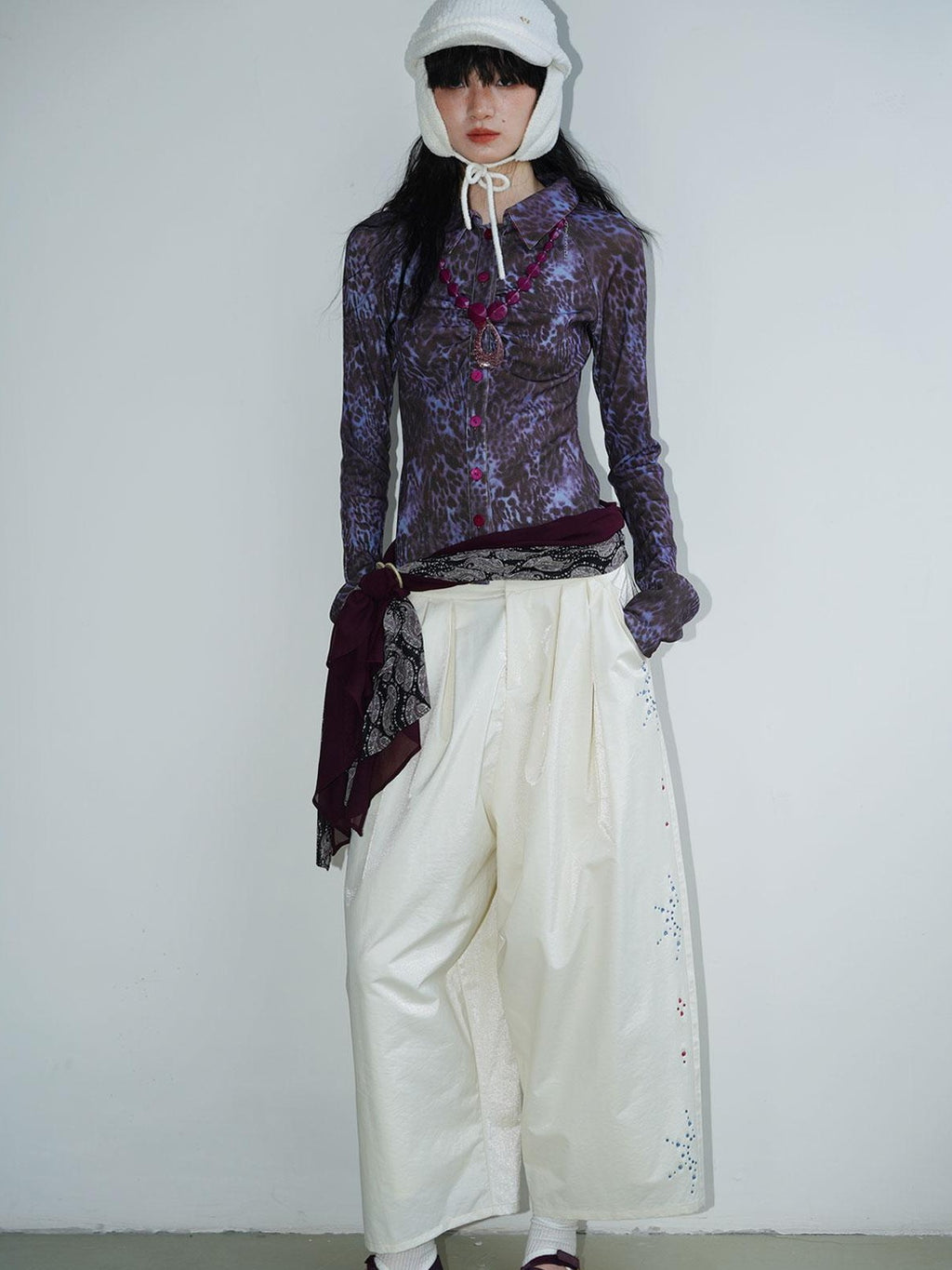 badtaste Red And Beige Rhinestone Solid Low Waist Women's Other Fabric Wide-leg Pants