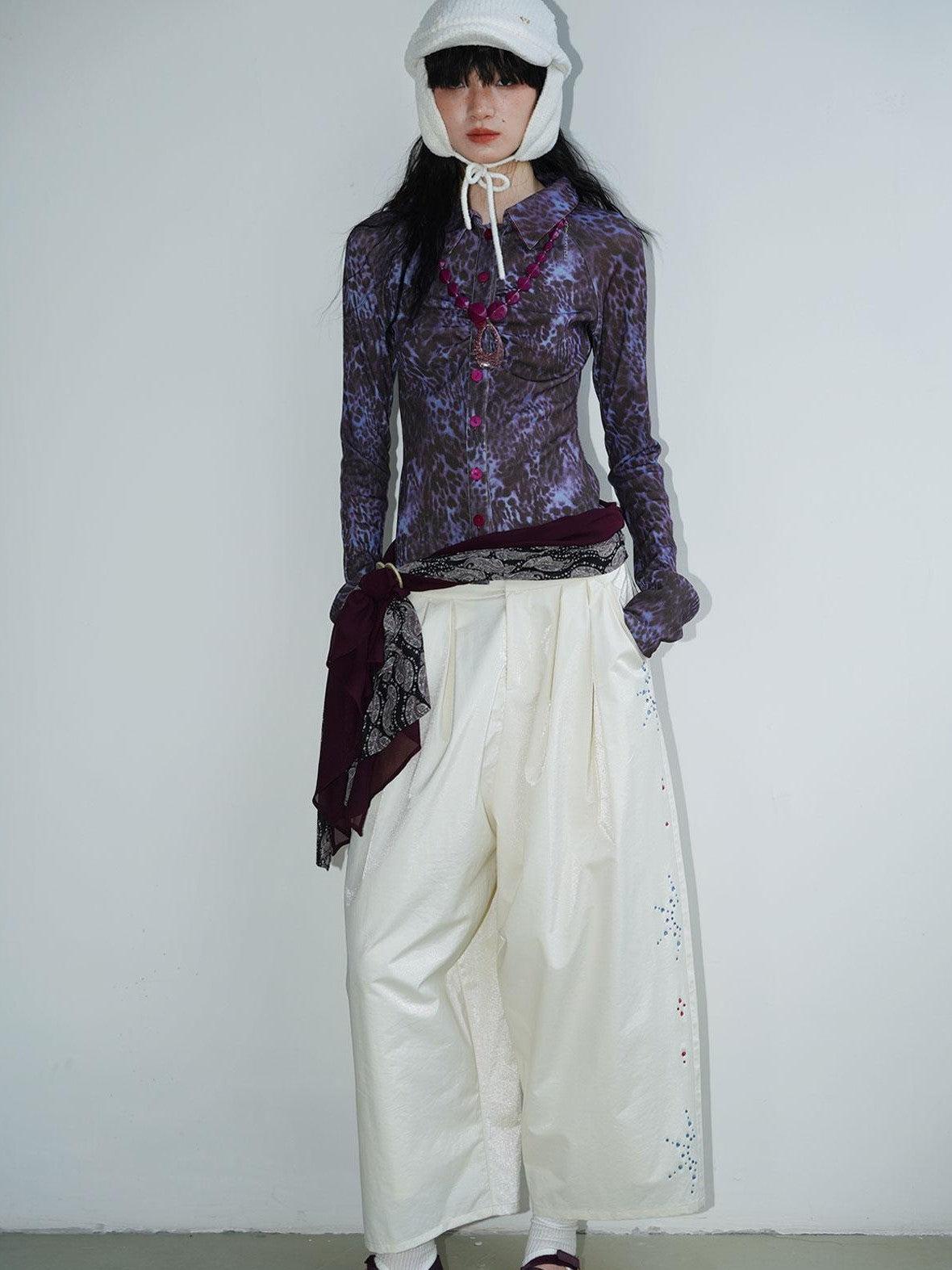 badtaste Red And Beige Rhinestone Solid Low Waist Women's Other Fabric Wide-leg Pants