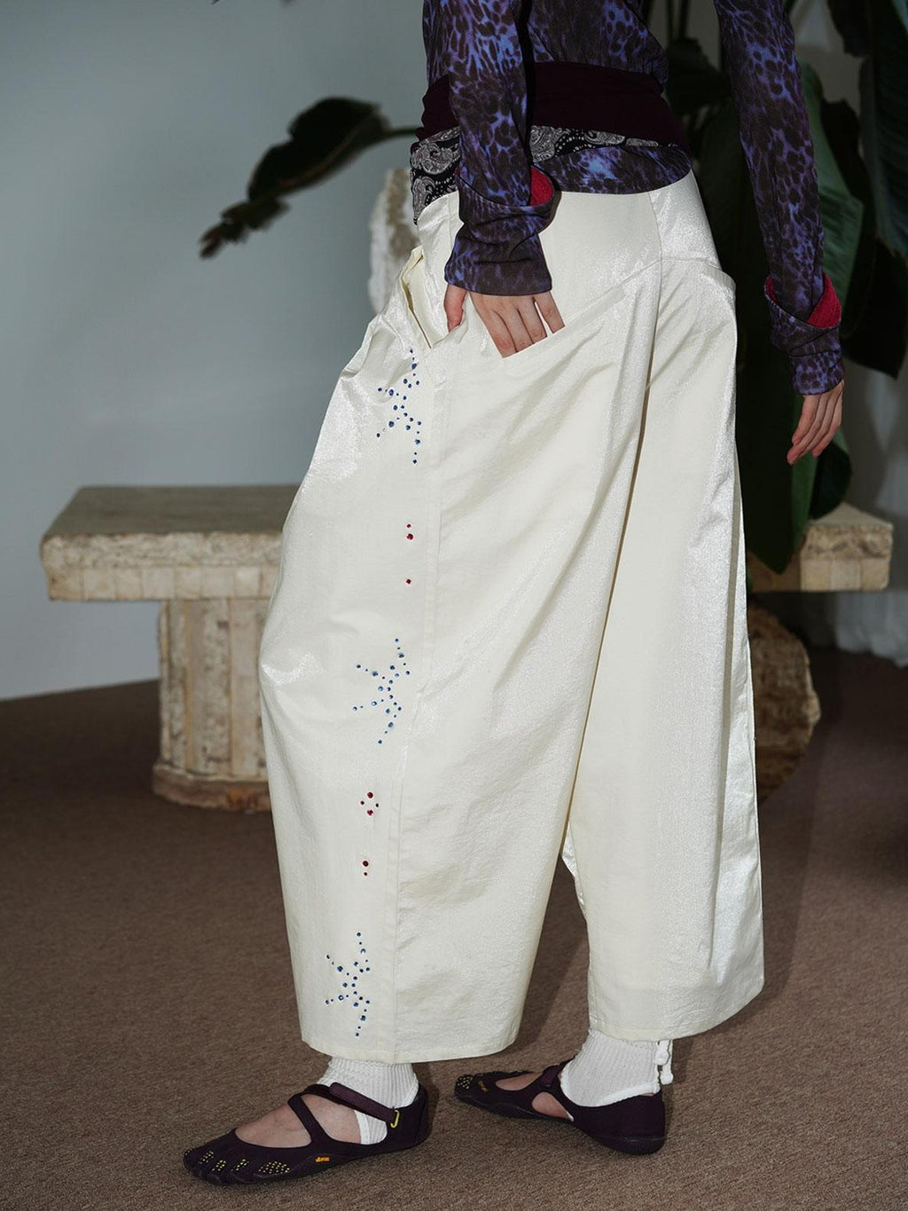 badtaste Red And Beige Rhinestone Solid Low Waist Women's Other Fabric Wide-leg Pants