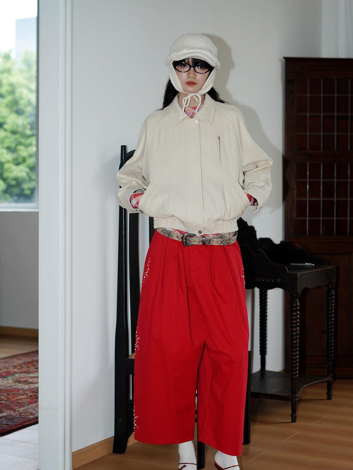 badtaste Red And Beige Rhinestone Solid Low Waist Women's Other Fabric Wide-leg Pants