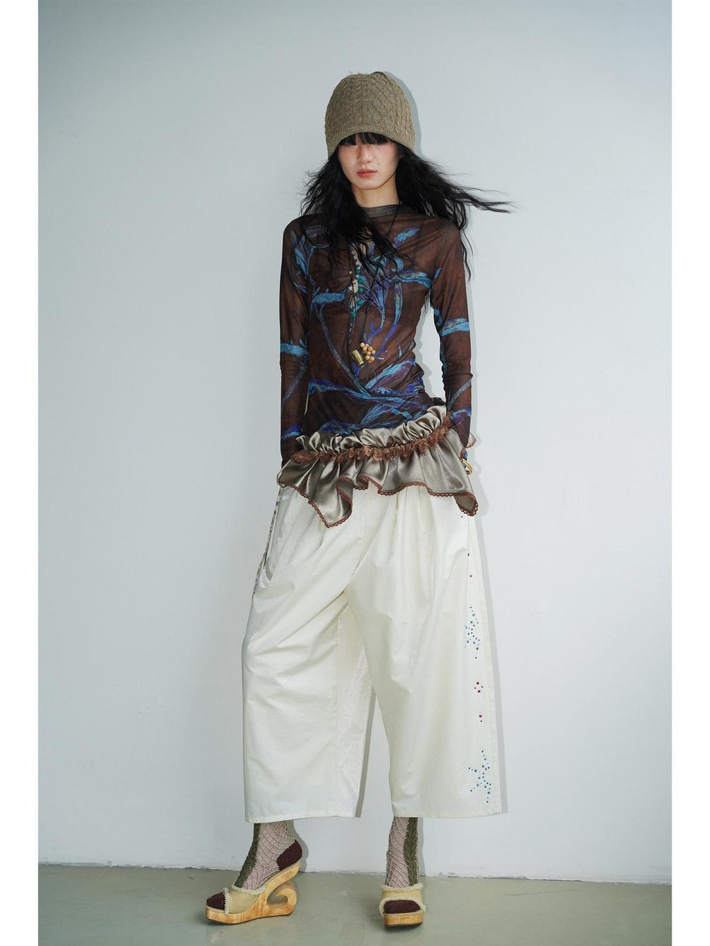 badtaste Red And Beige Rhinestone Solid Low Waist Women's Other Fabric Wide-leg Pants