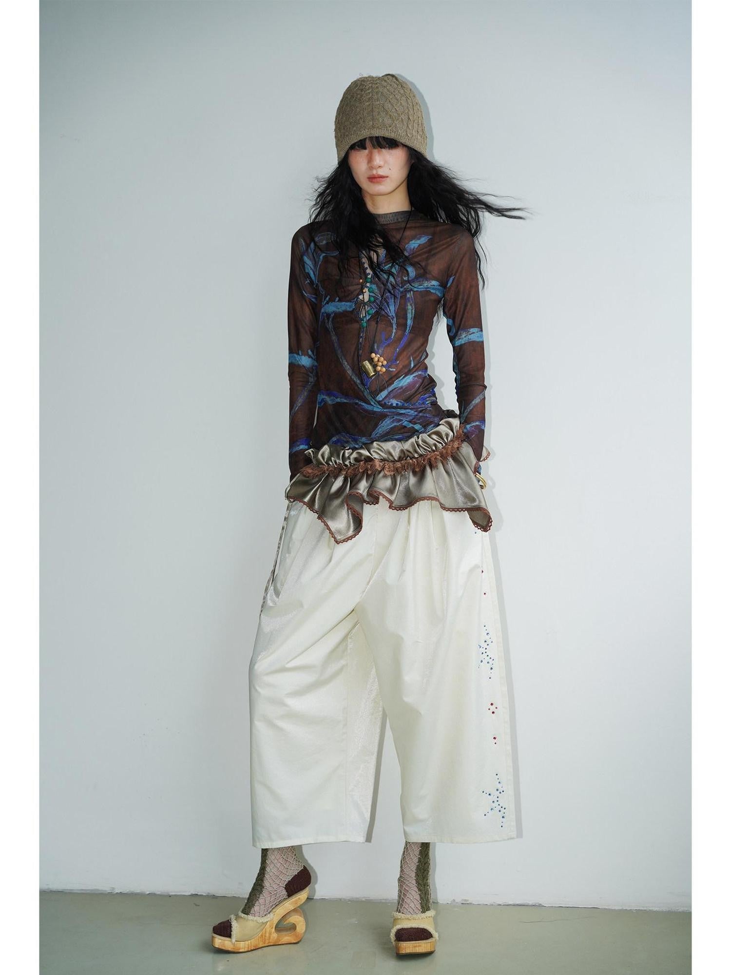badtaste Red And Beige Rhinestone Solid Low Waist Women's Other Fabric Wide-leg Pants