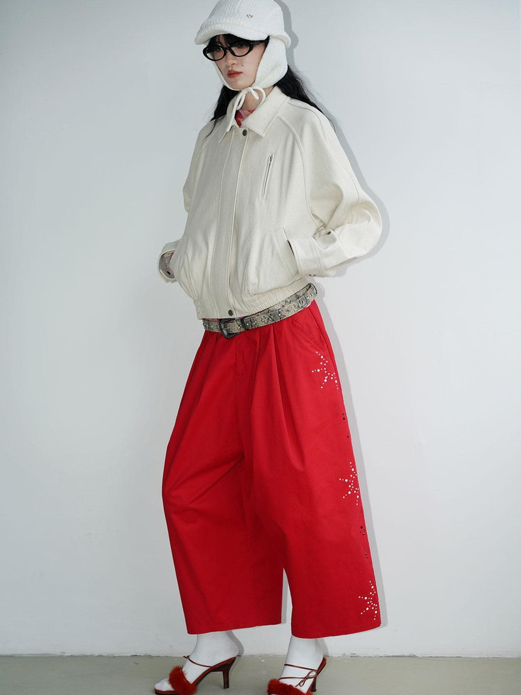badtaste Red And Beige Rhinestone Solid Low Waist Women's Other Fabric Wide-leg Pants