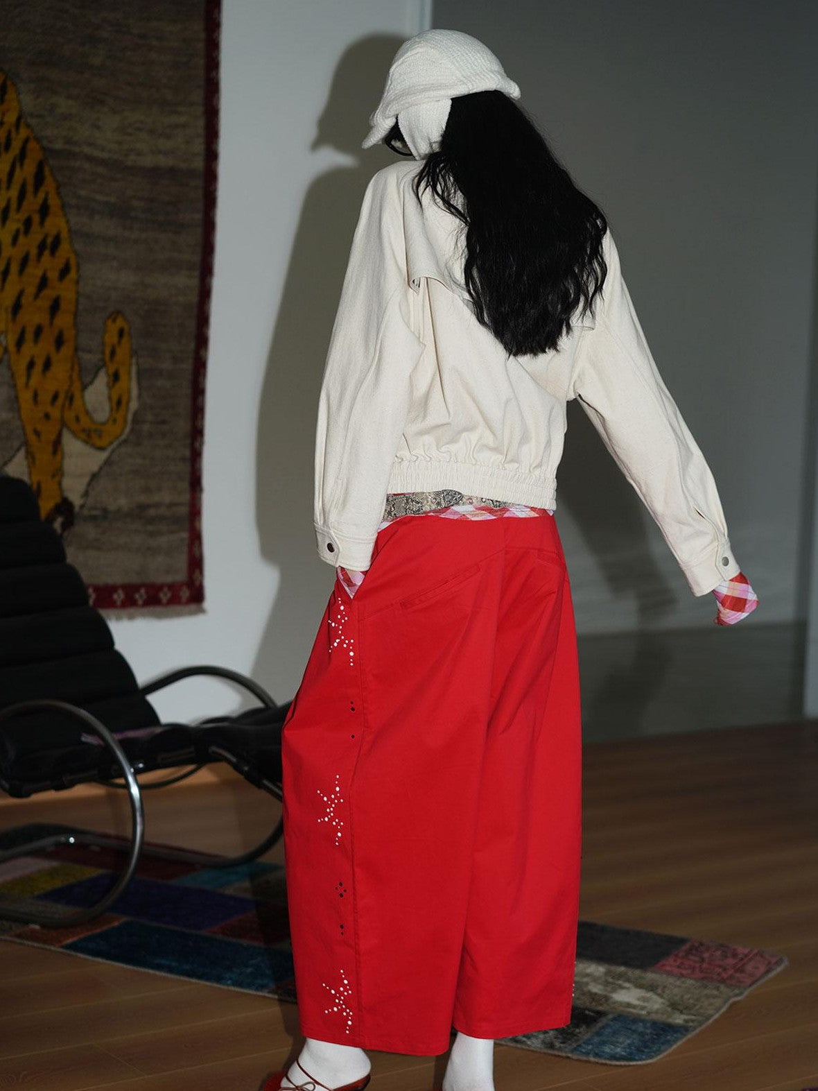 badtaste Red And Beige Rhinestone Solid Low Waist Women's Other Fabric Wide-leg Pants