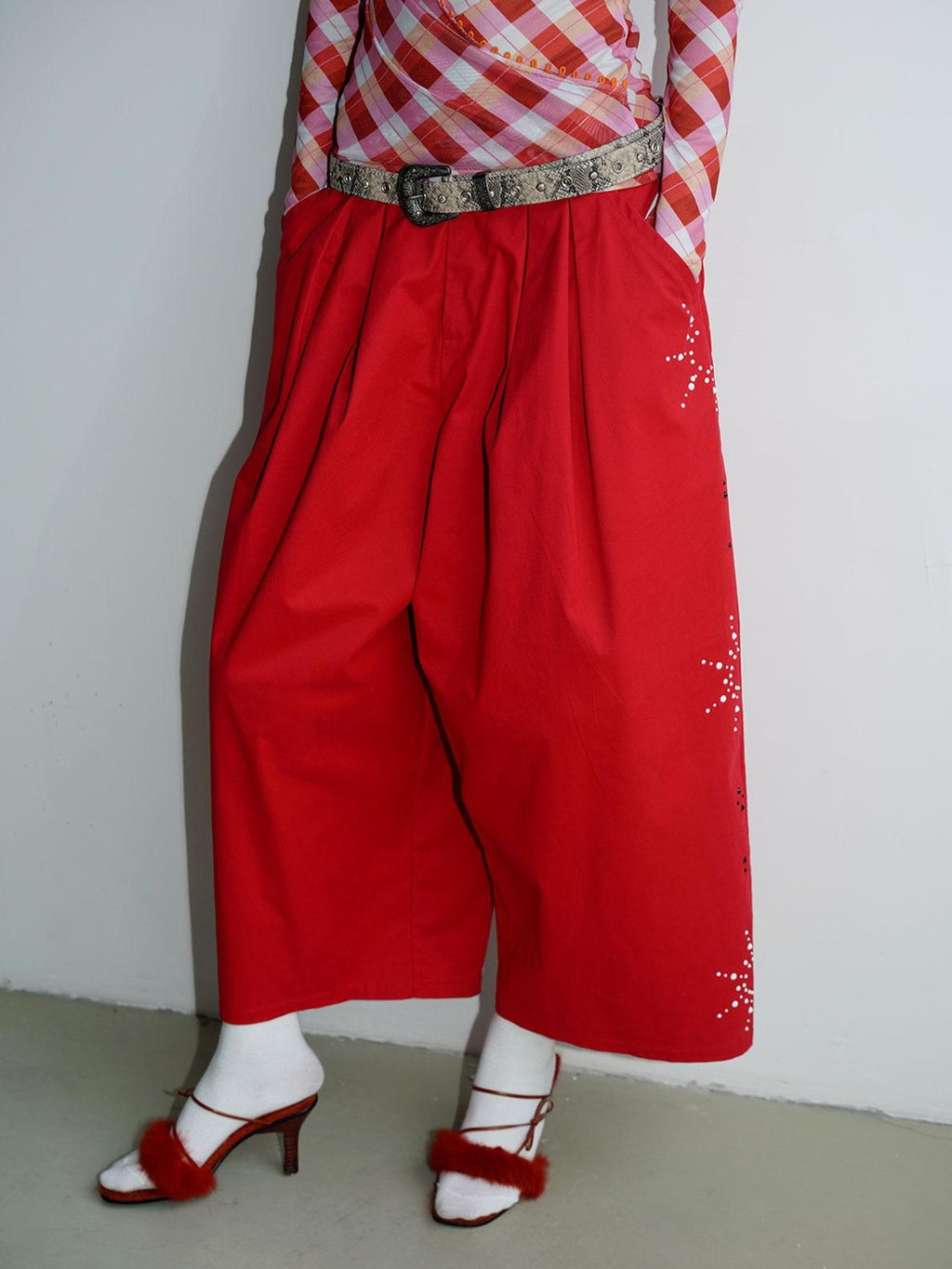 badtaste Red And Beige Rhinestone Solid Low Waist Women's Other Fabric Wide-leg Pants