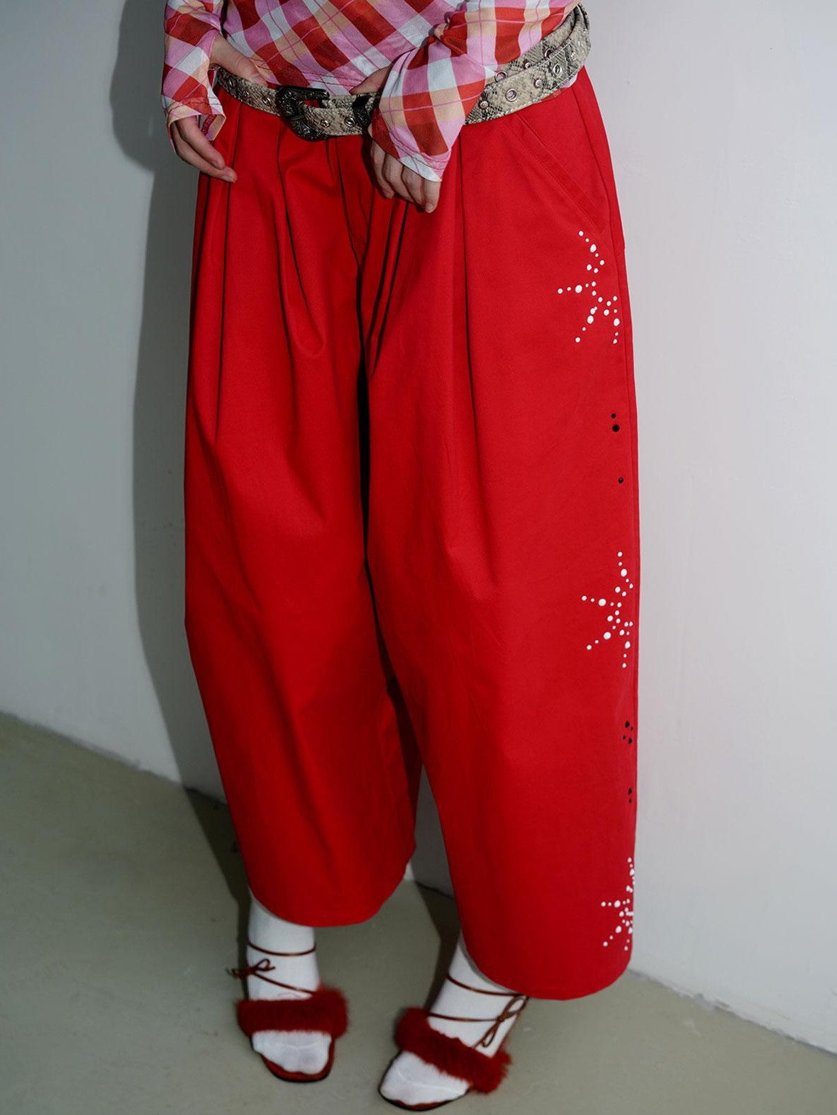 badtaste Red And Beige Rhinestone Solid Low Waist Women's Other Fabric Wide-leg Pants