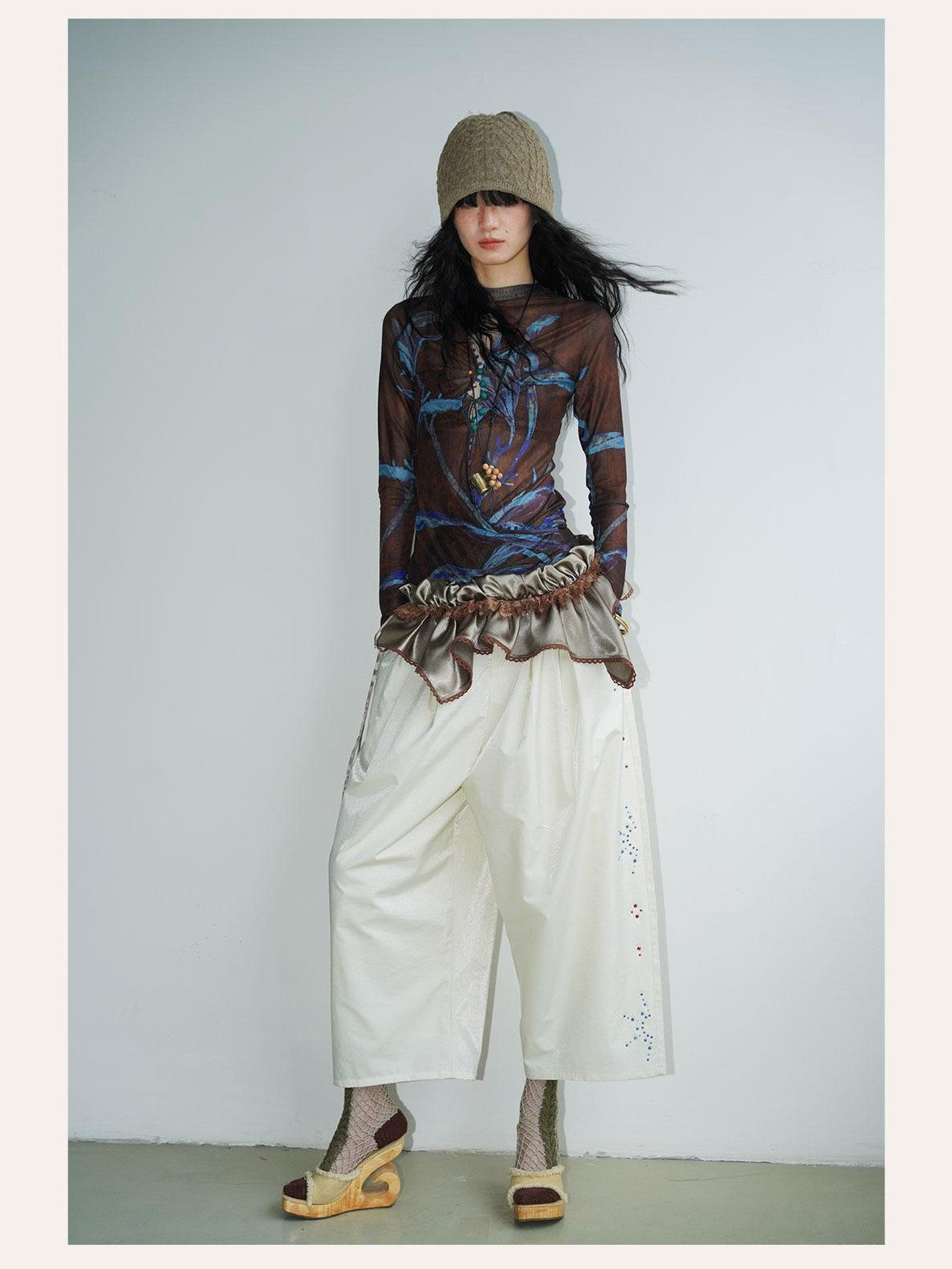 badtaste Red And Beige Rhinestone Solid Low Waist Women's Other Fabric Wide-leg Pants