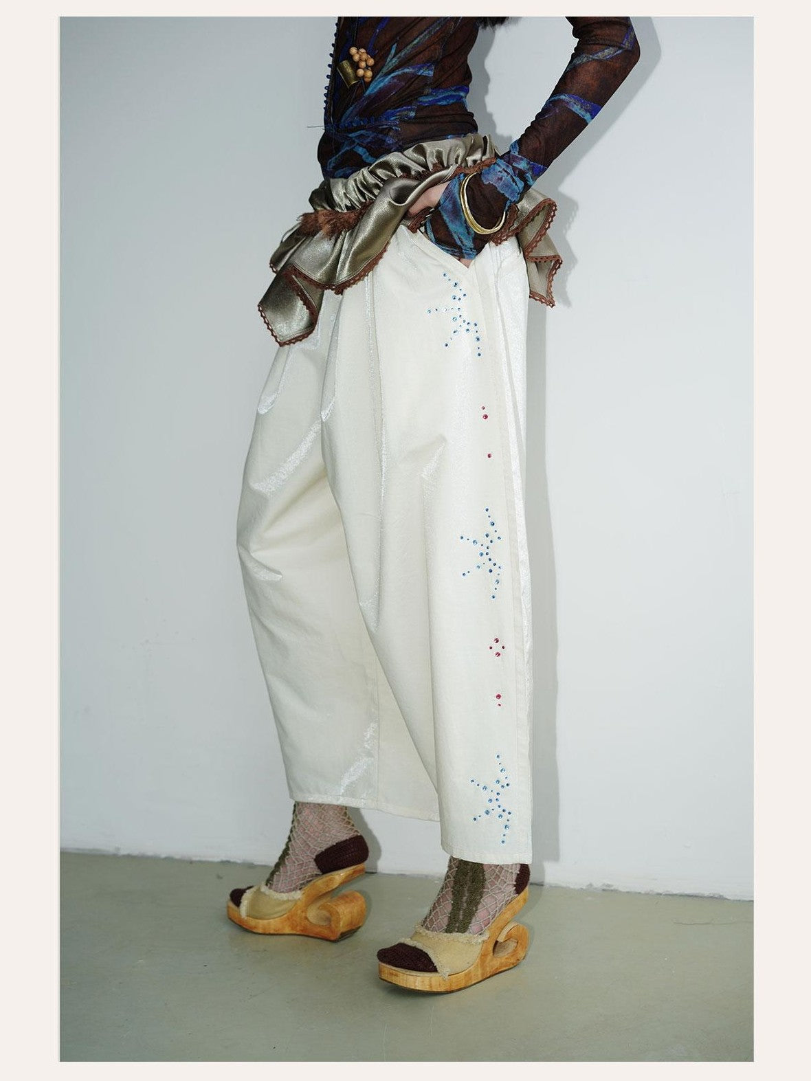 badtaste Red And Beige Rhinestone Solid Low Waist Women's Other Fabric Wide-leg Pants