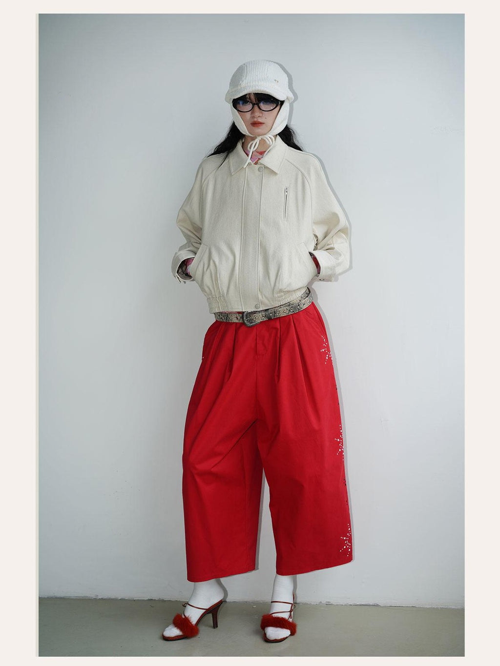 badtaste Red And Beige Rhinestone Solid Low Waist Women's Other Fabric Wide-leg Pants