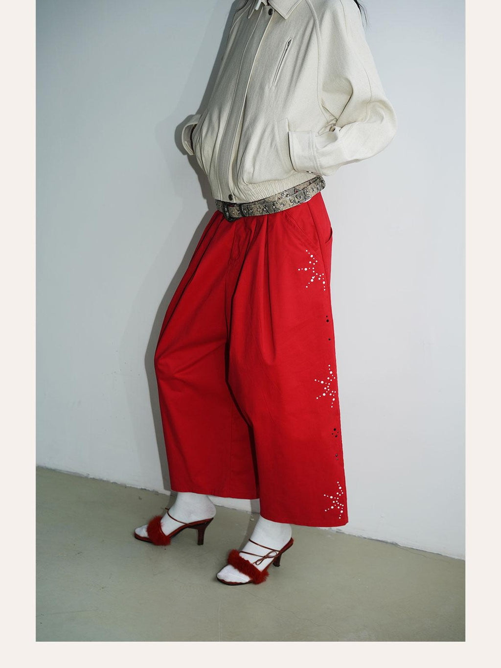 badtaste Red And Beige Rhinestone Solid Low Waist Women's Other Fabric Wide-leg Pants
