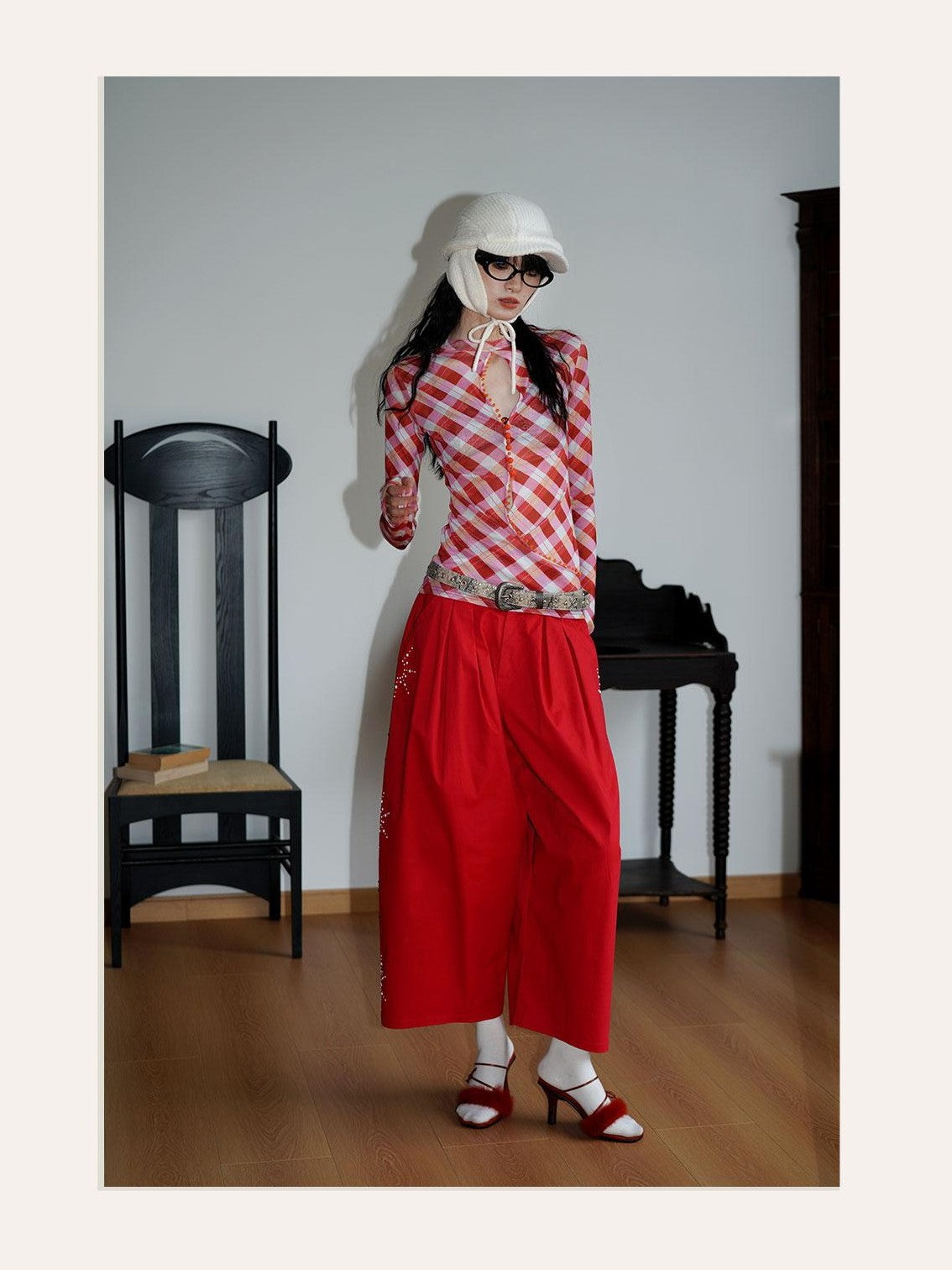 badtaste Red And Beige Rhinestone Solid Low Waist Women's Other Fabric Wide-leg Pants