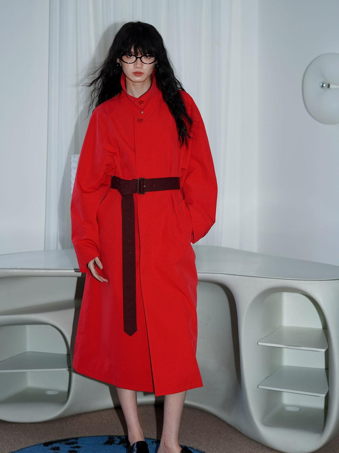 Retro British Stand Collar Zipper Straight Women's Long Coats