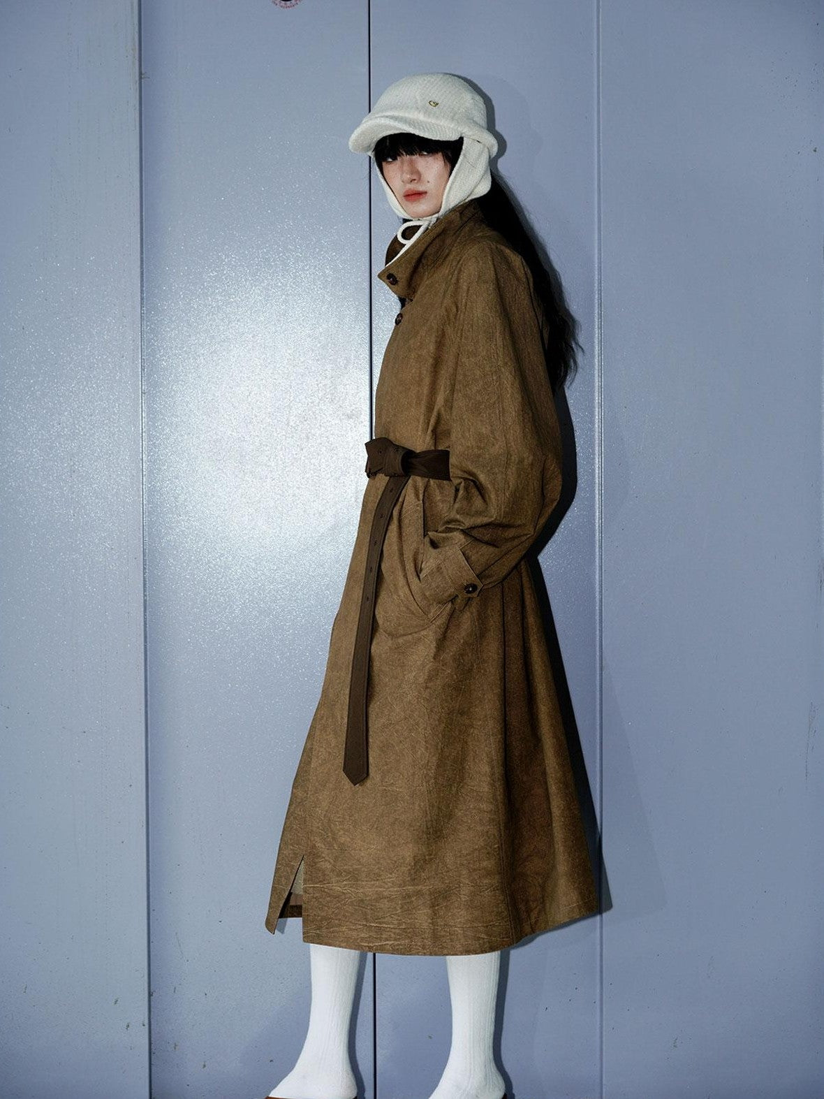 Retro British Stand Collar Zipper Straight Women's Long Coats