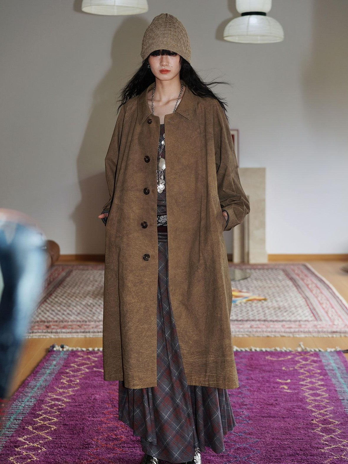 badtaste Retro British Stand Collar Zipper Straight Women's Long Coats