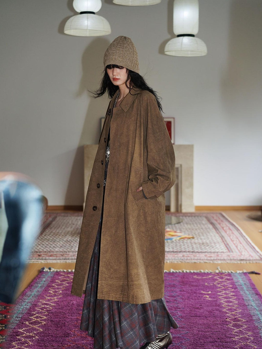 Retro British Stand Collar Zipper Straight Women's Long Coats