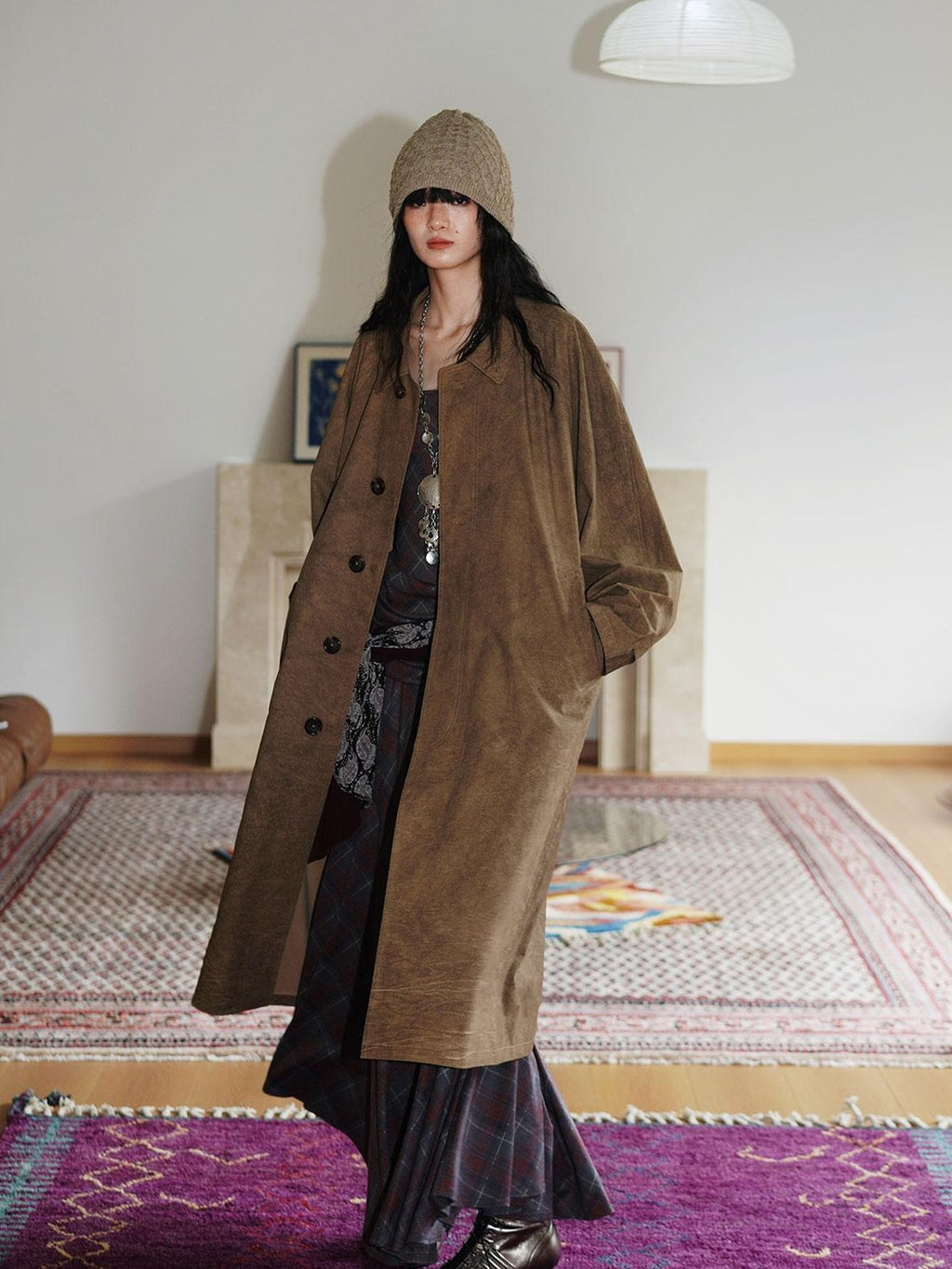 Retro British Stand Collar Zipper Straight Women's Long Coats