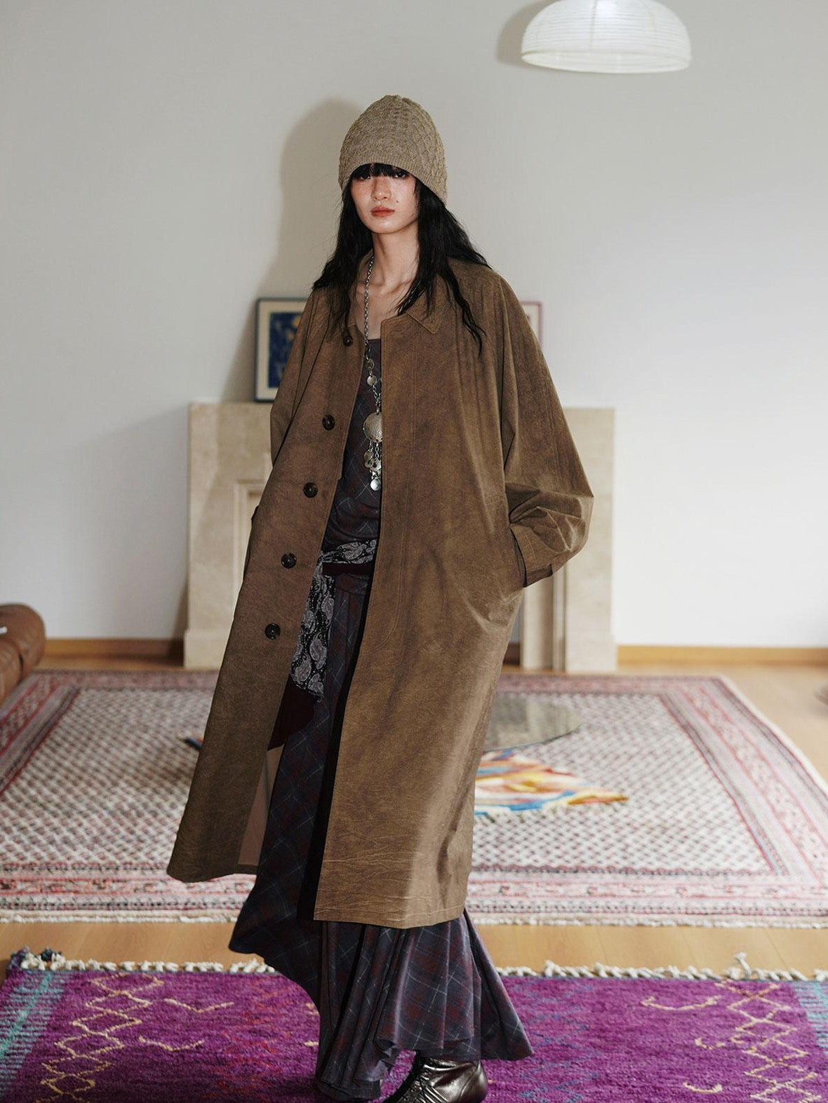 Retro British Stand Collar Zipper Straight Women's Long Coats