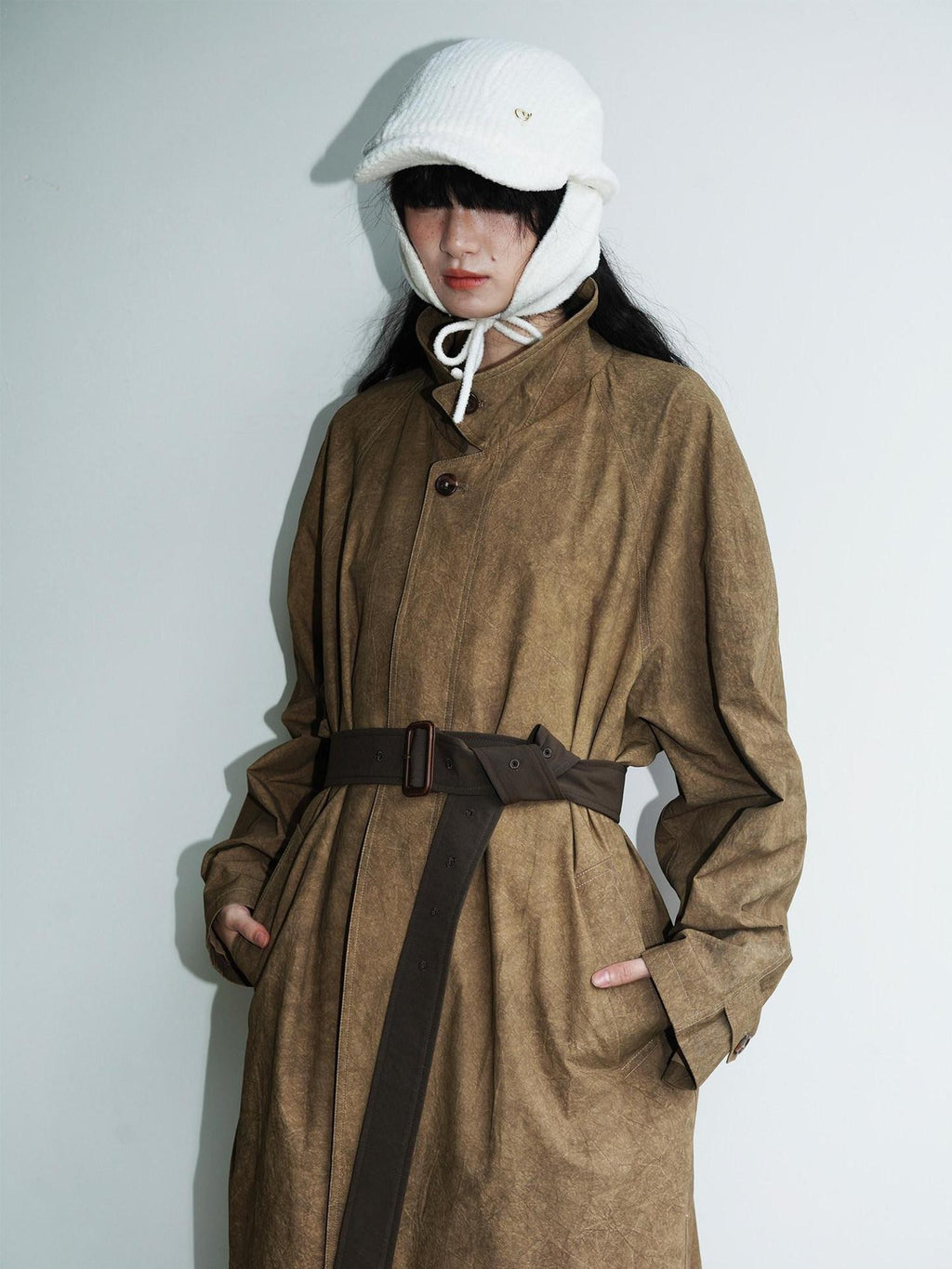 Retro British Stand Collar Zipper Straight Women's Long Coats