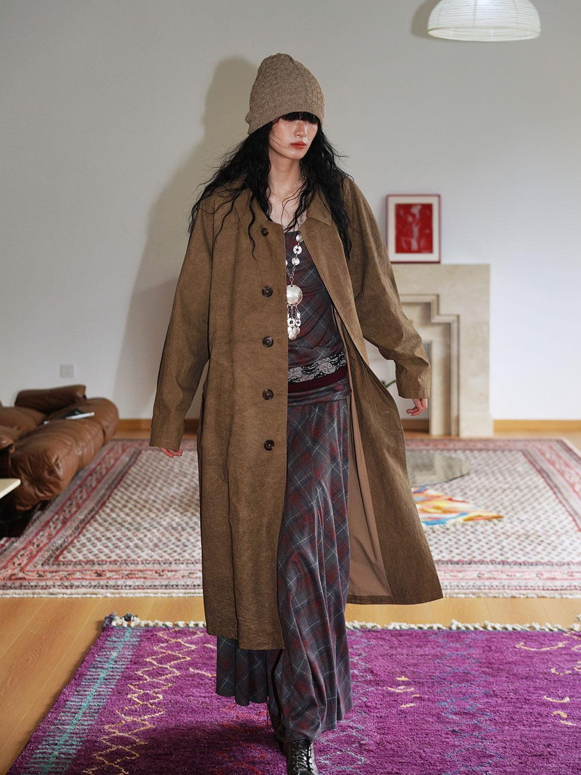 Retro British Stand Collar Zipper Straight Women's Long Coats