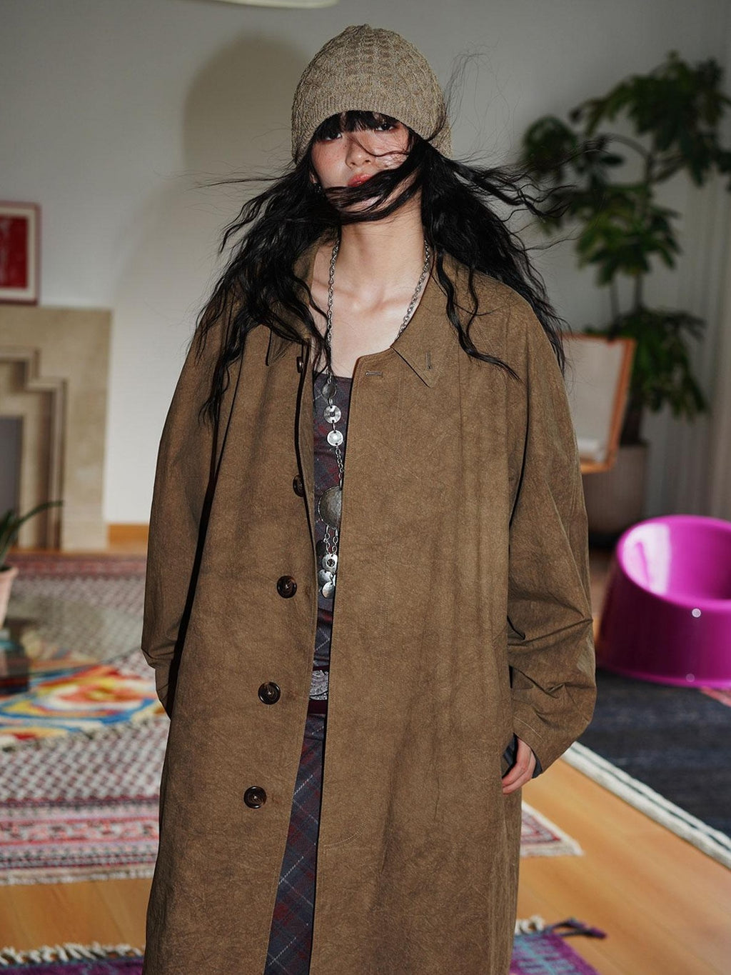 badtaste Retro British Stand Collar Zipper Straight Women's Long Coats