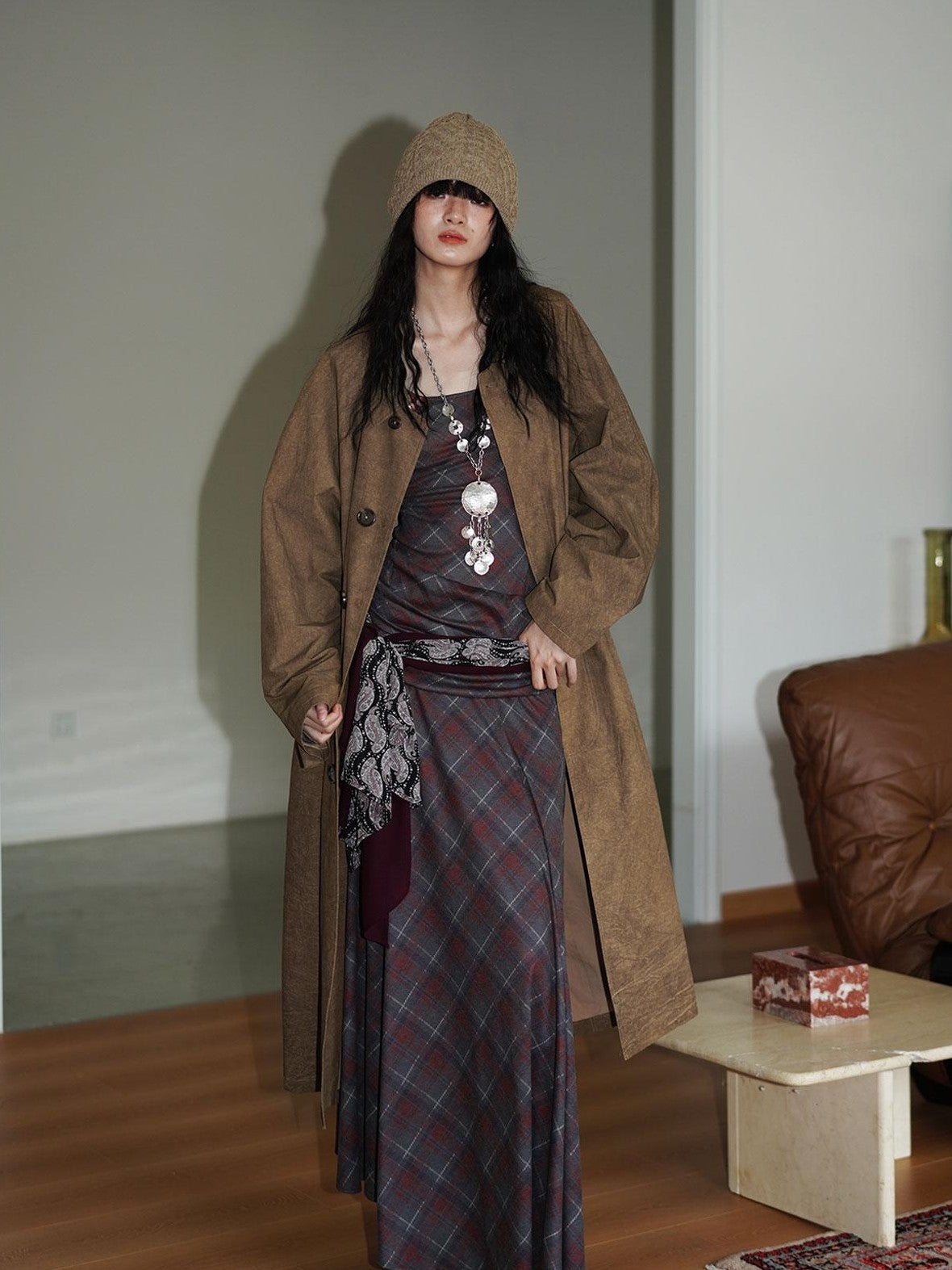 Retro British Stand Collar Zipper Straight Women's Long Coats