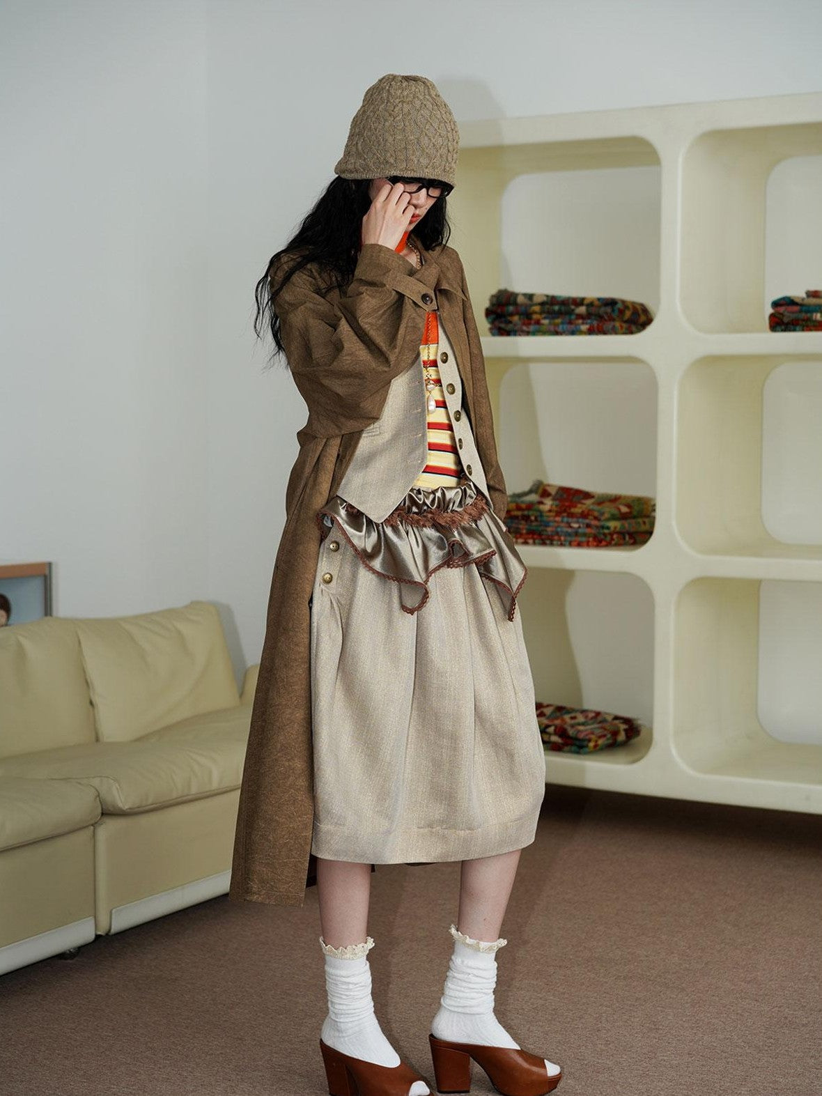 Retro British Stand Collar Zipper Straight Women's Long Coats