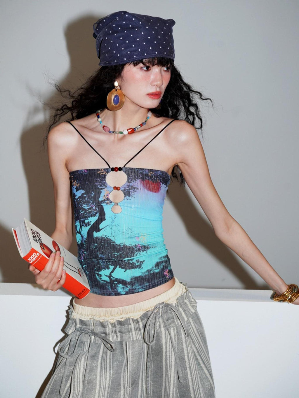 badtaste Retro Oriental Beaded Cutout Scenic Print Colorblock Women's Camisoles