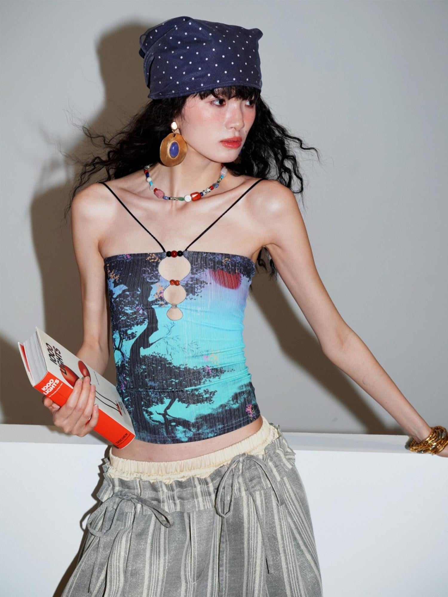 badtaste Retro Oriental Beaded Cutout Scenic Print Colorblock Women's Camisoles