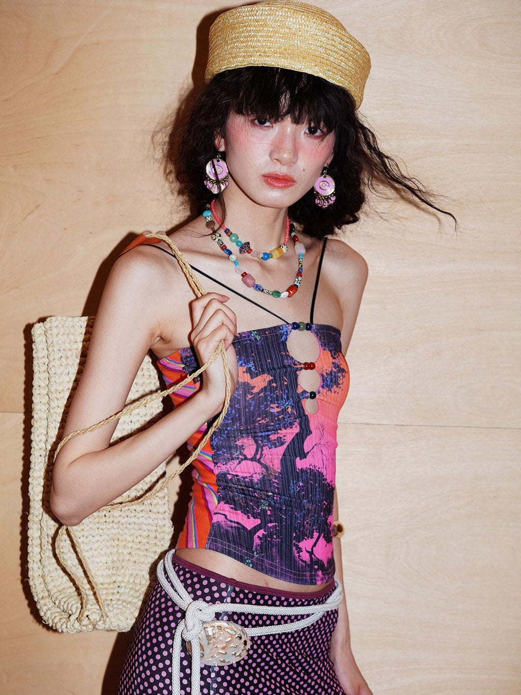 badtaste Retro Oriental Beaded Cutout Scenic Print Colorblock Women's Camisoles
