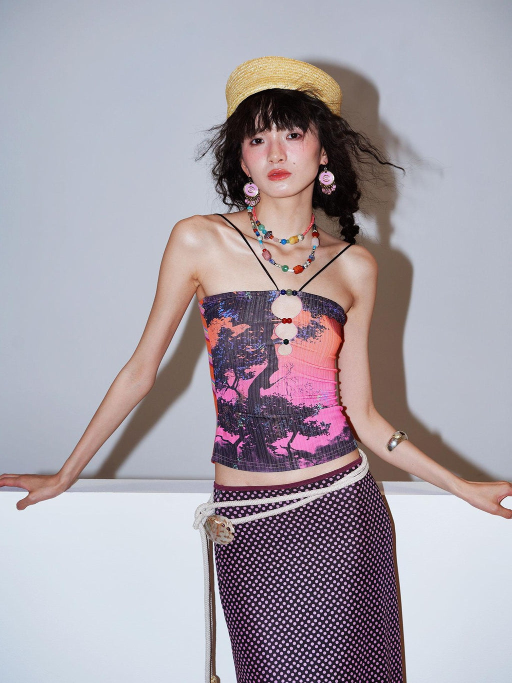 badtaste Retro Oriental Beaded Cutout Scenic Print Colorblock Women's Camisoles