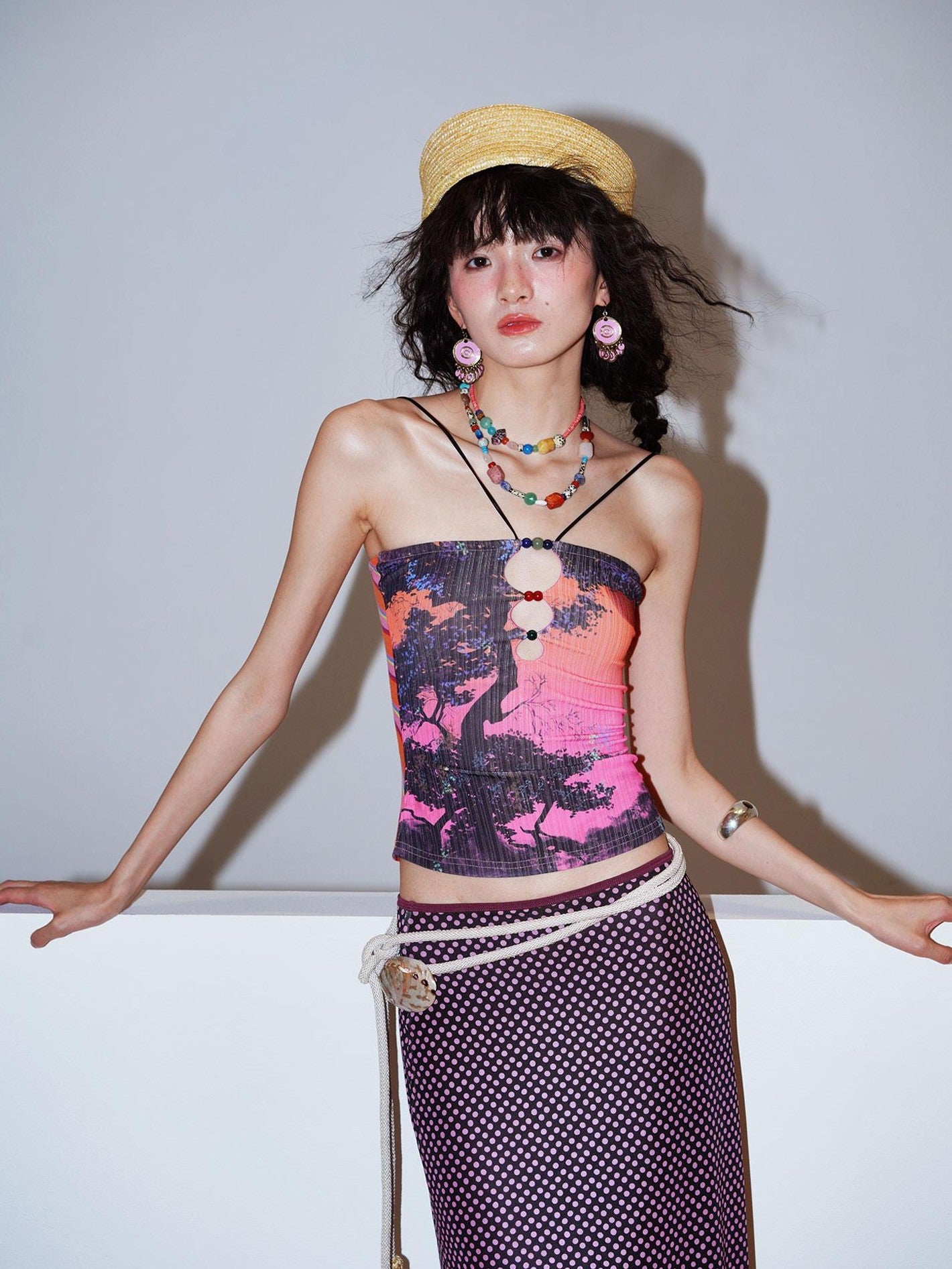 badtaste Retro Oriental Beaded Cutout Scenic Print Colorblock Women's Camisoles