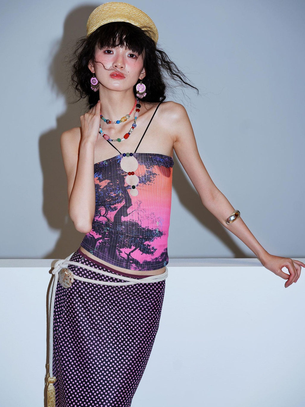 badtaste Retro Oriental Beaded Cutout Scenic Print Colorblock Women's Camisoles
