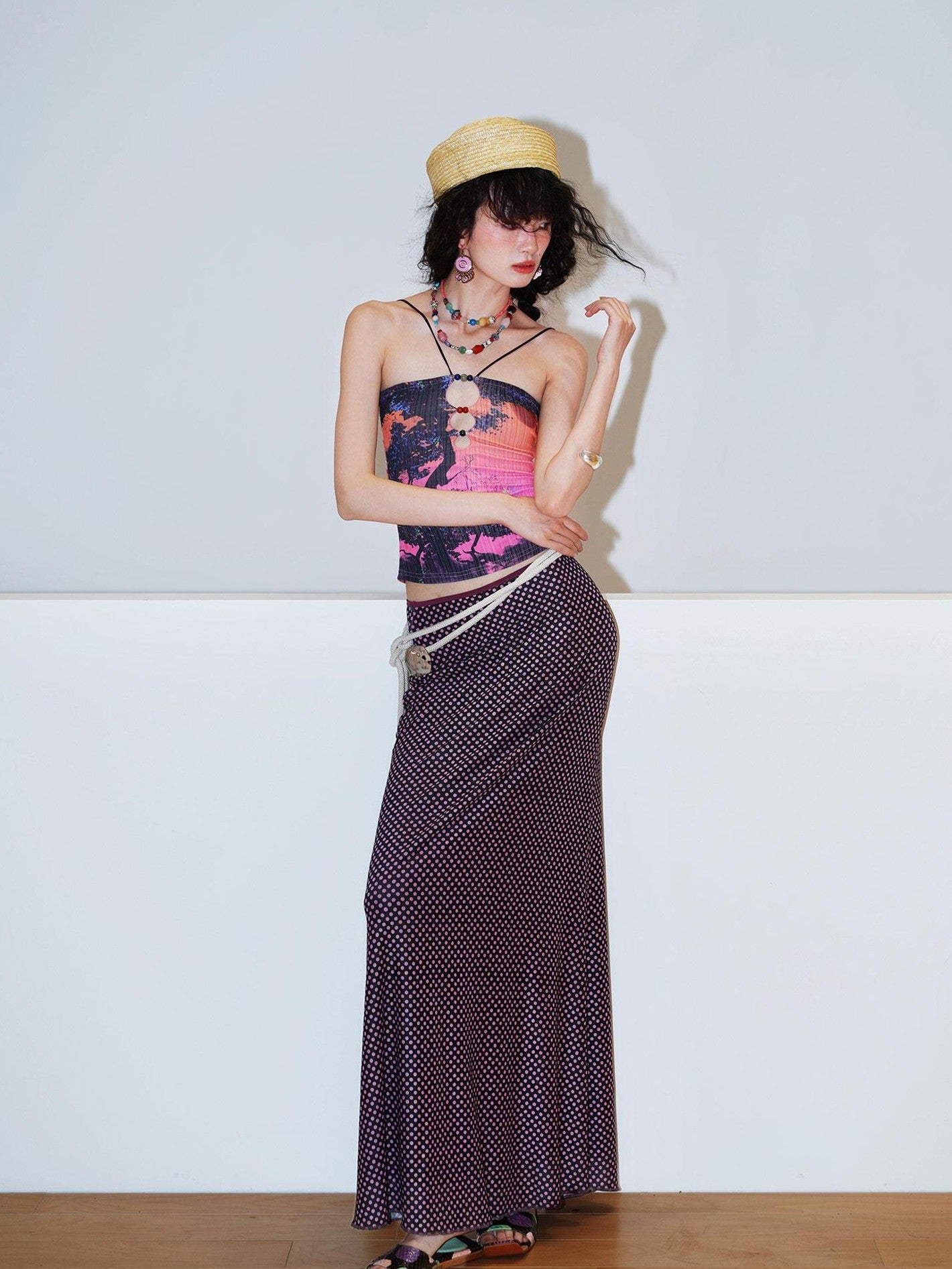 badtaste Retro Oriental Beaded Cutout Scenic Print Colorblock Women's Camisoles