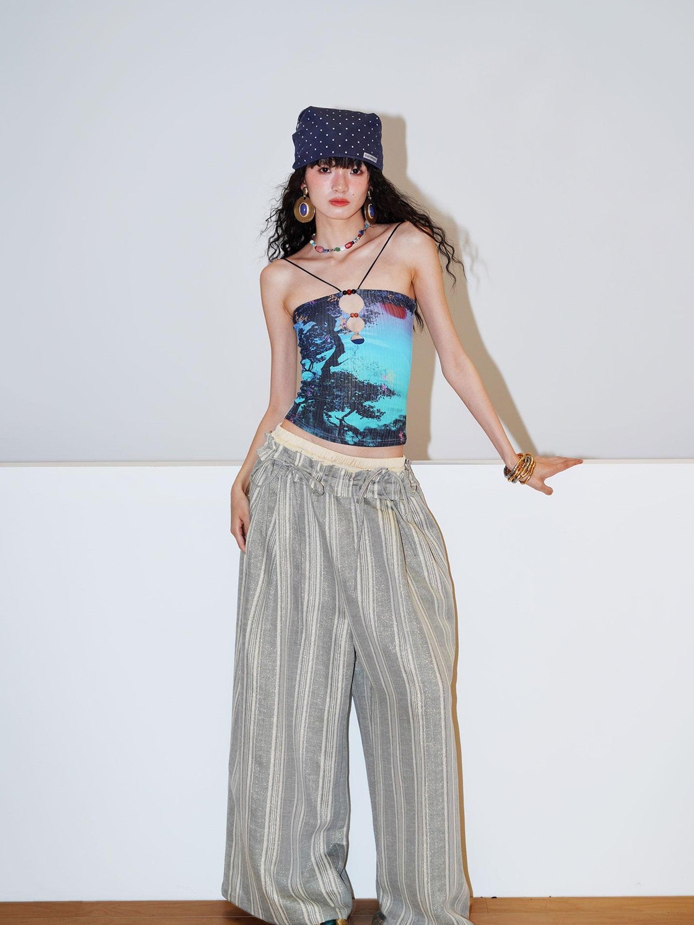 badtaste Retro Oriental Beaded Cutout Scenic Print Colorblock Women's Camisoles