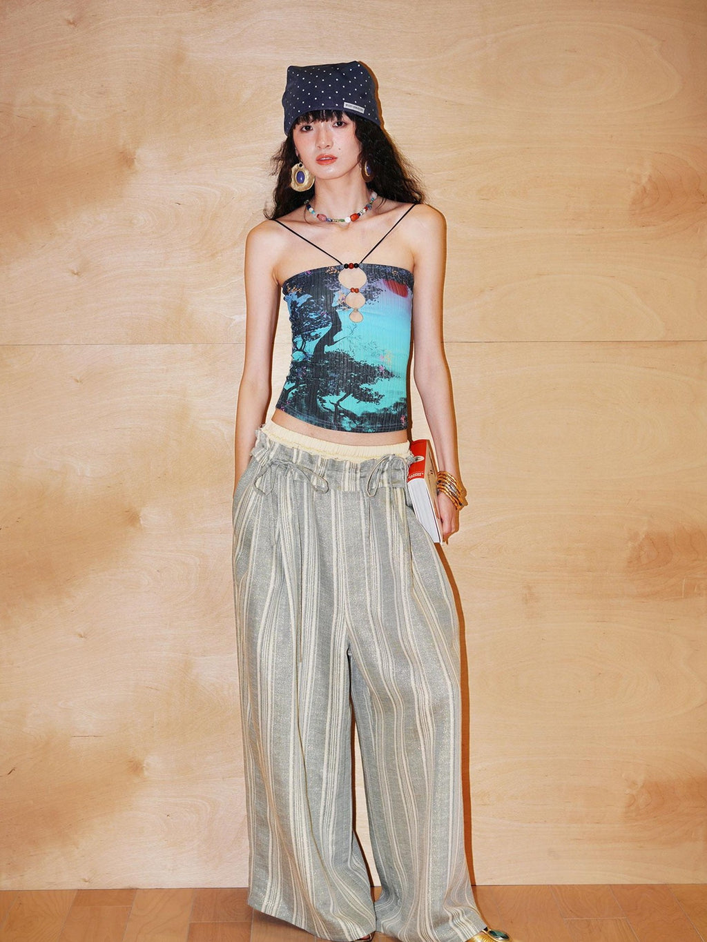 badtaste Retro Oriental Beaded Cutout Scenic Print Colorblock Women's Camisoles