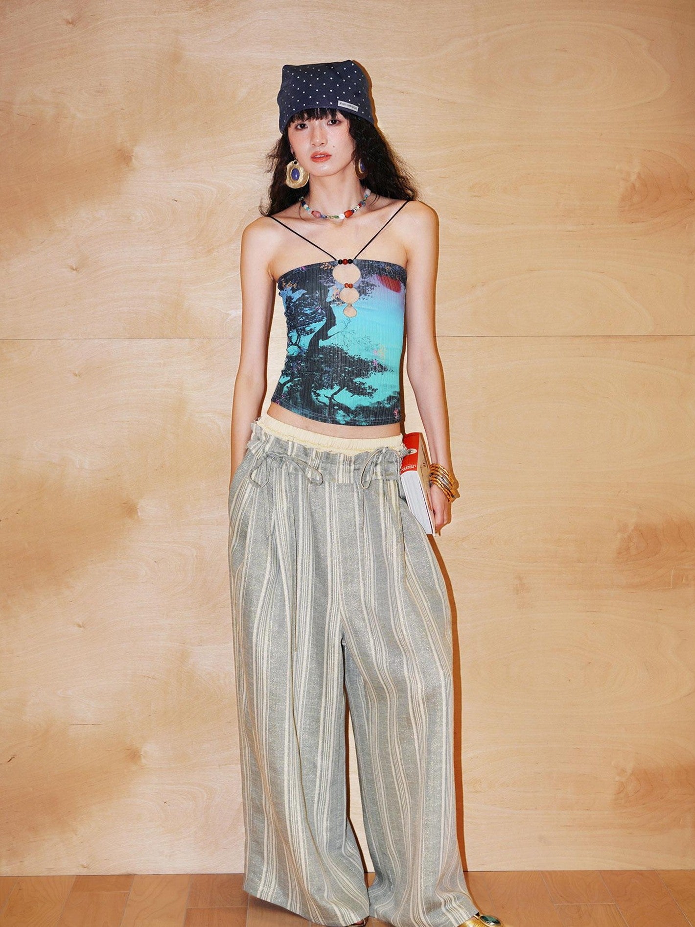 badtaste Retro Oriental Beaded Cutout Scenic Print Colorblock Women's Camisoles