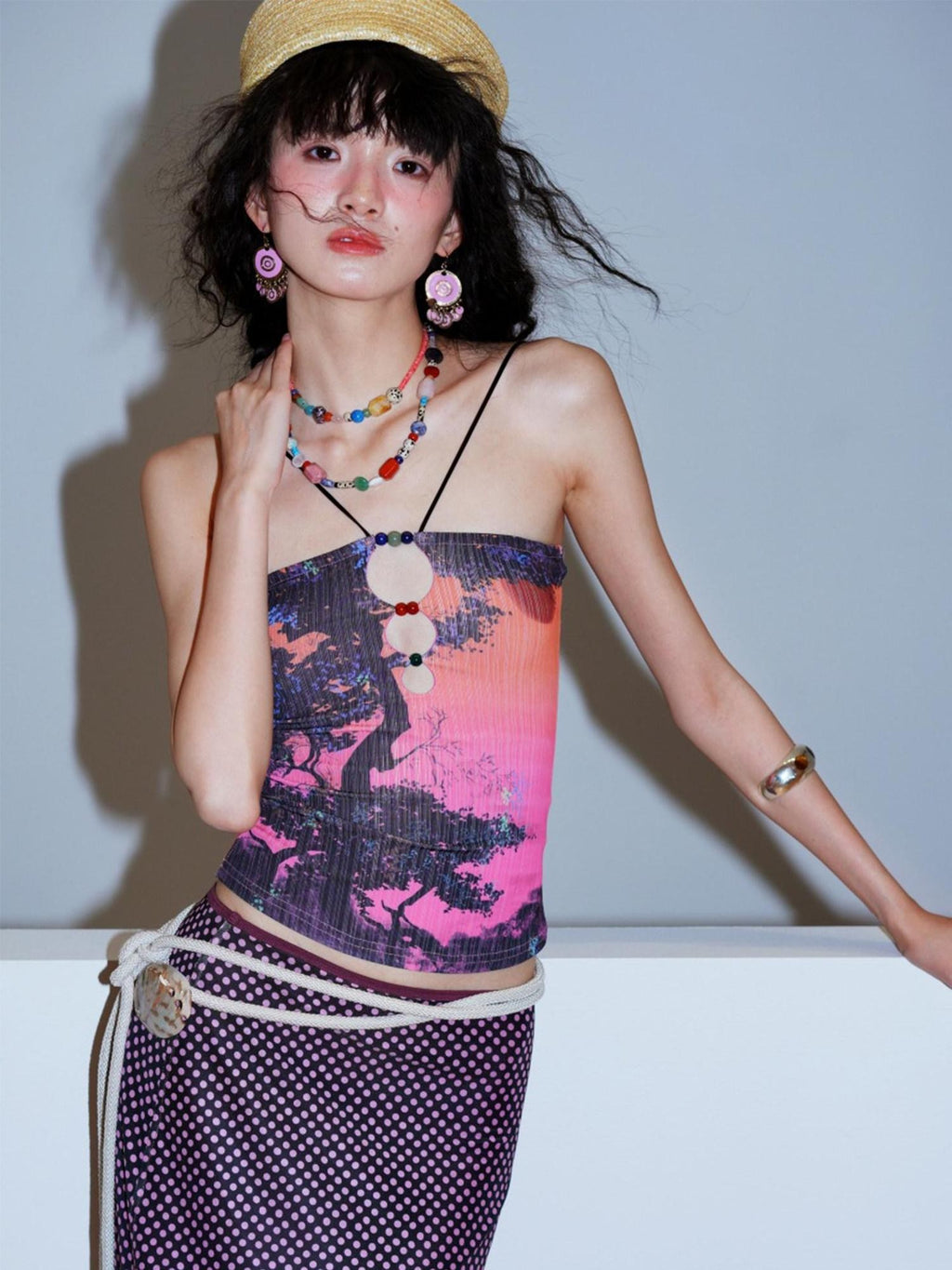 badtaste Retro Oriental Beaded Cutout Scenic Print Colorblock Women's Camisoles