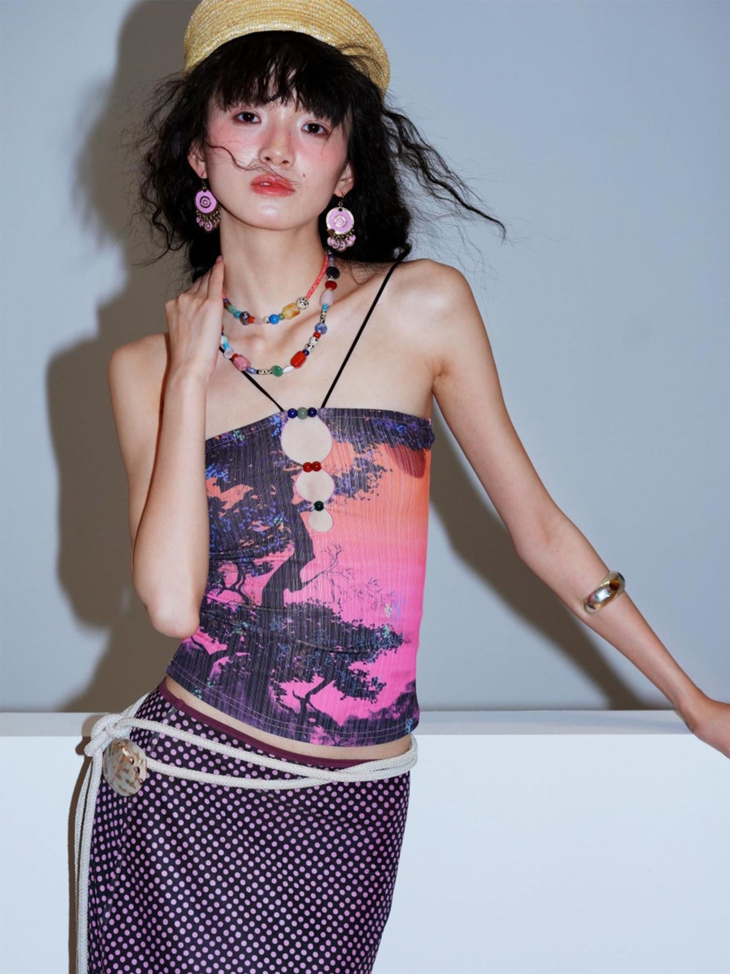 badtaste Retro Oriental Beaded Cutout Scenic Print Colorblock Women's Camisoles
