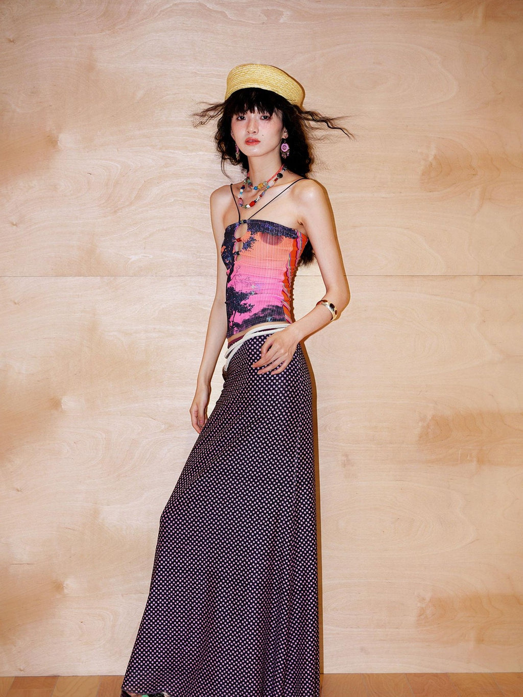 badtaste Retro Oriental Beaded Cutout Scenic Print Colorblock Women's Camisoles