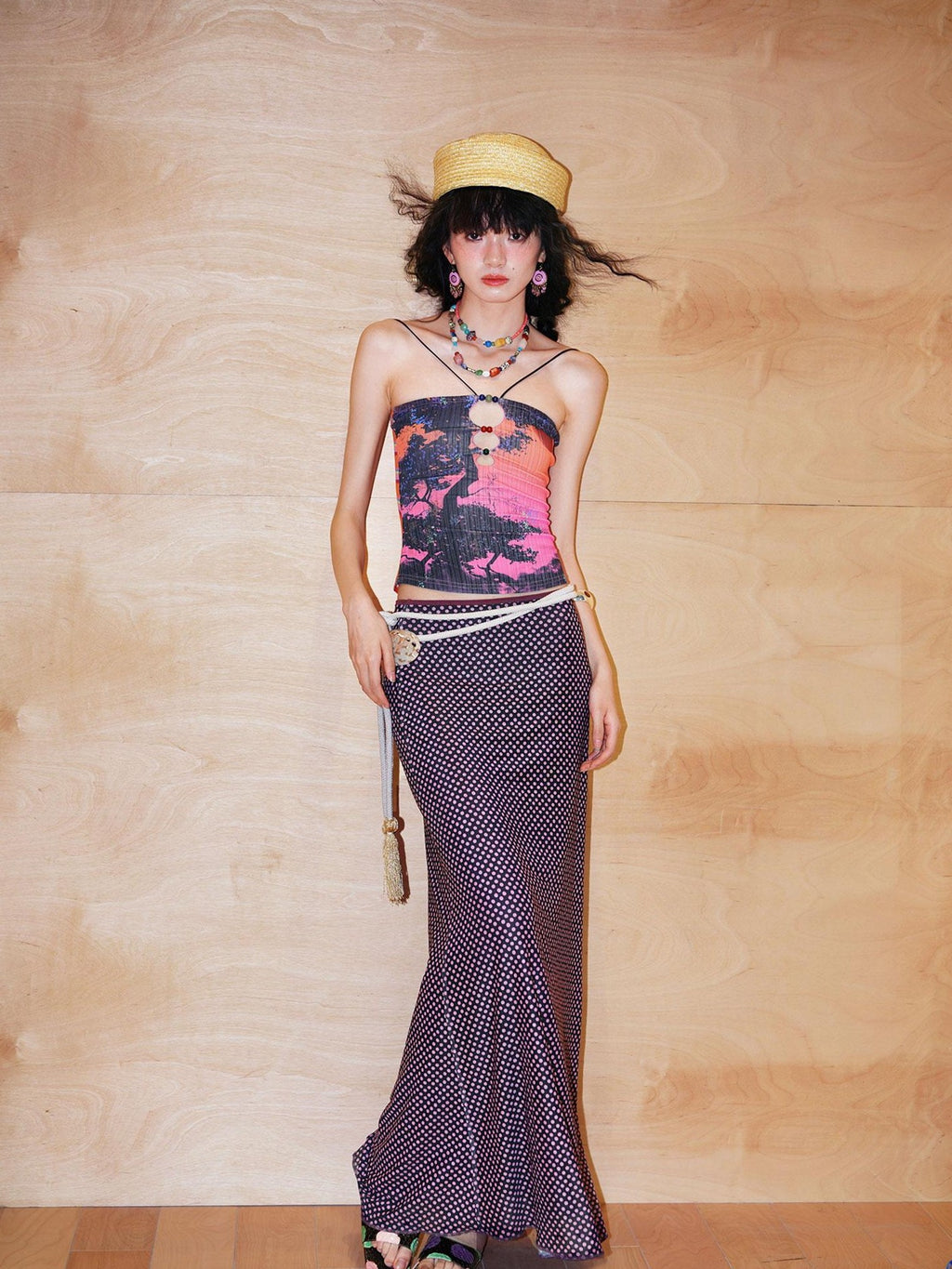 badtaste Retro Oriental Beaded Cutout Scenic Print Colorblock Women's Camisoles