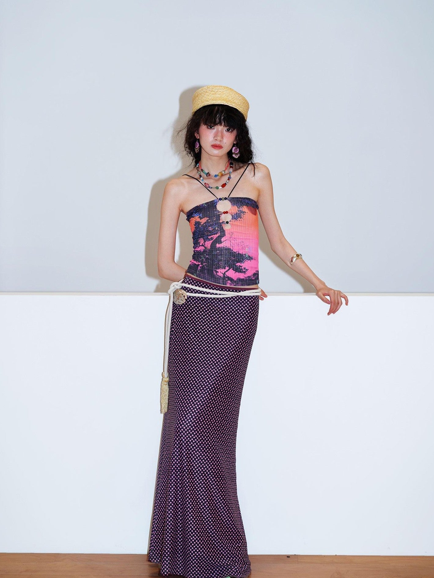 badtaste Retro Oriental Beaded Cutout Scenic Print Colorblock Women's Camisoles