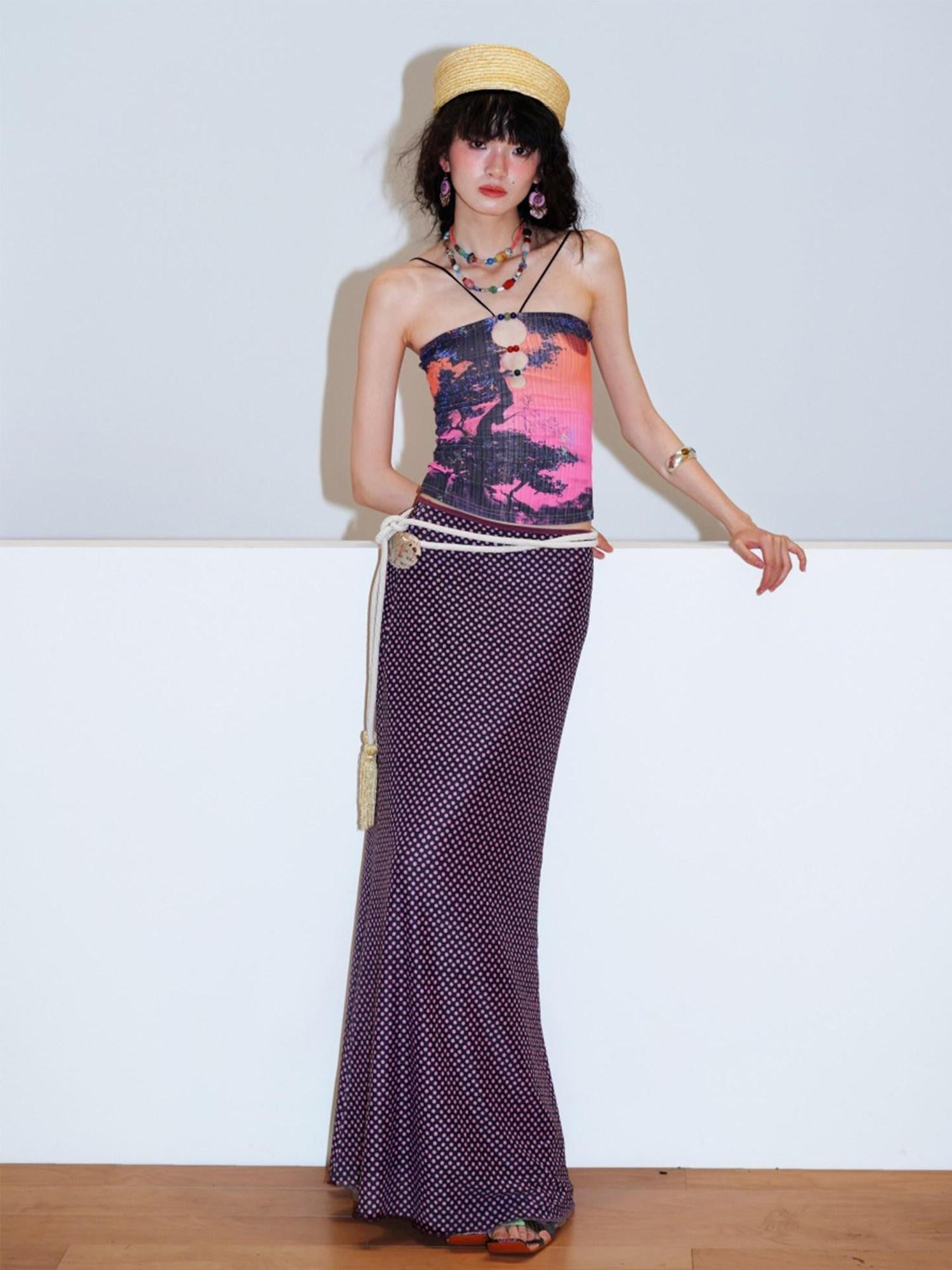 badtaste Retro Oriental Beaded Cutout Scenic Print Colorblock Women's Camisoles