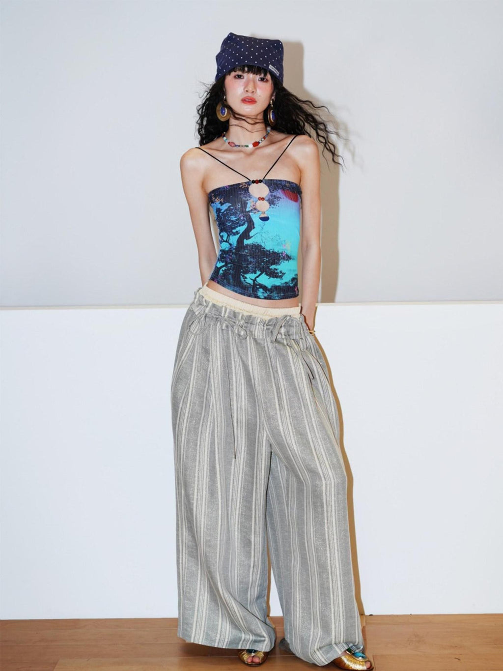 badtaste Retro Oriental Beaded Cutout Scenic Print Colorblock Women's Camisoles