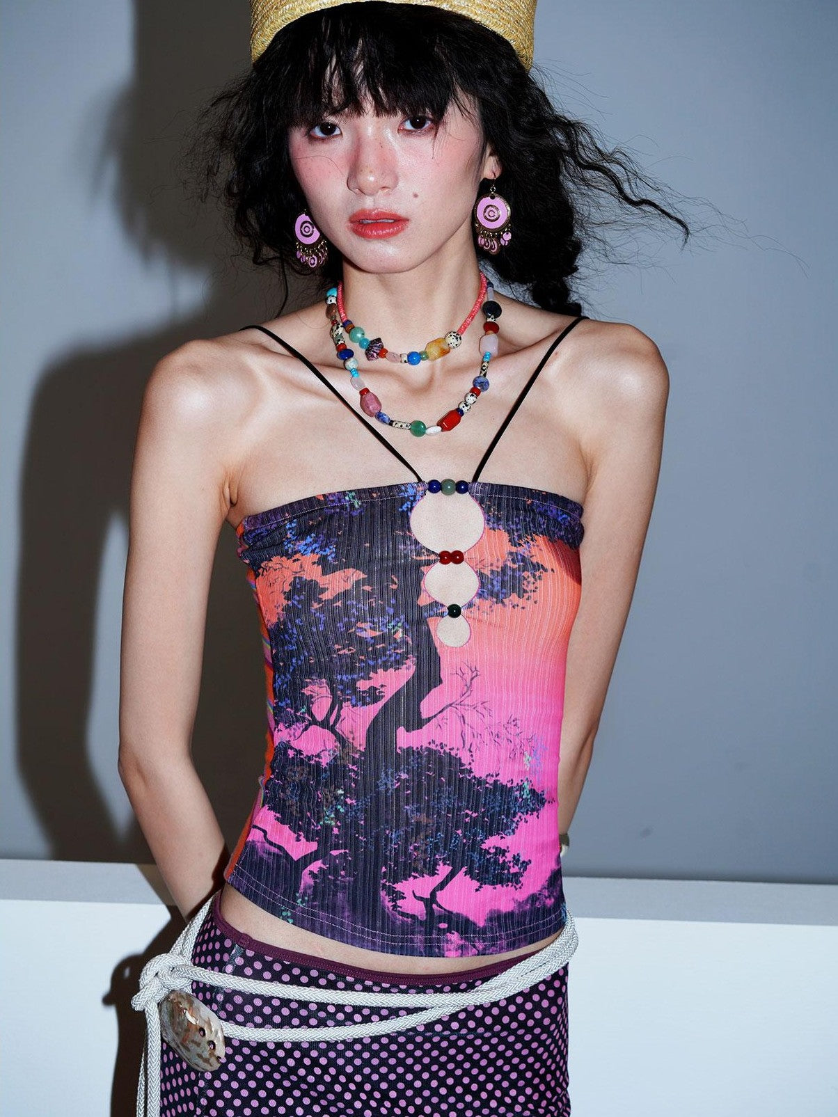 badtaste Retro Oriental Beaded Cutout Scenic Print Colorblock Women's Camisoles