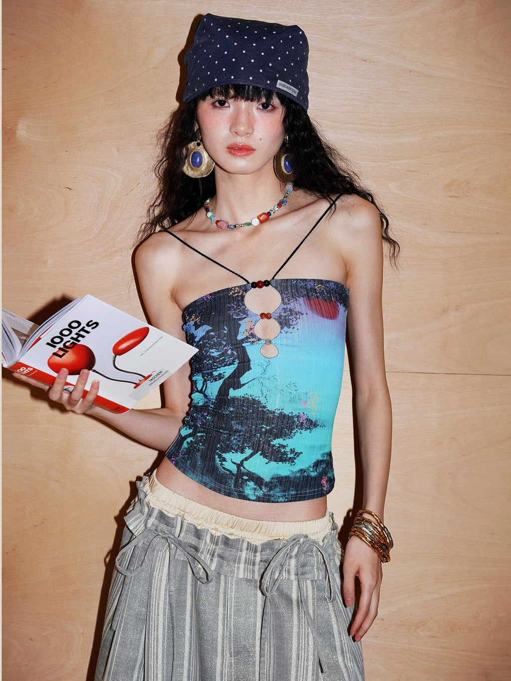 badtaste Retro Oriental Beaded Cutout Scenic Print Colorblock Women's Camisoles